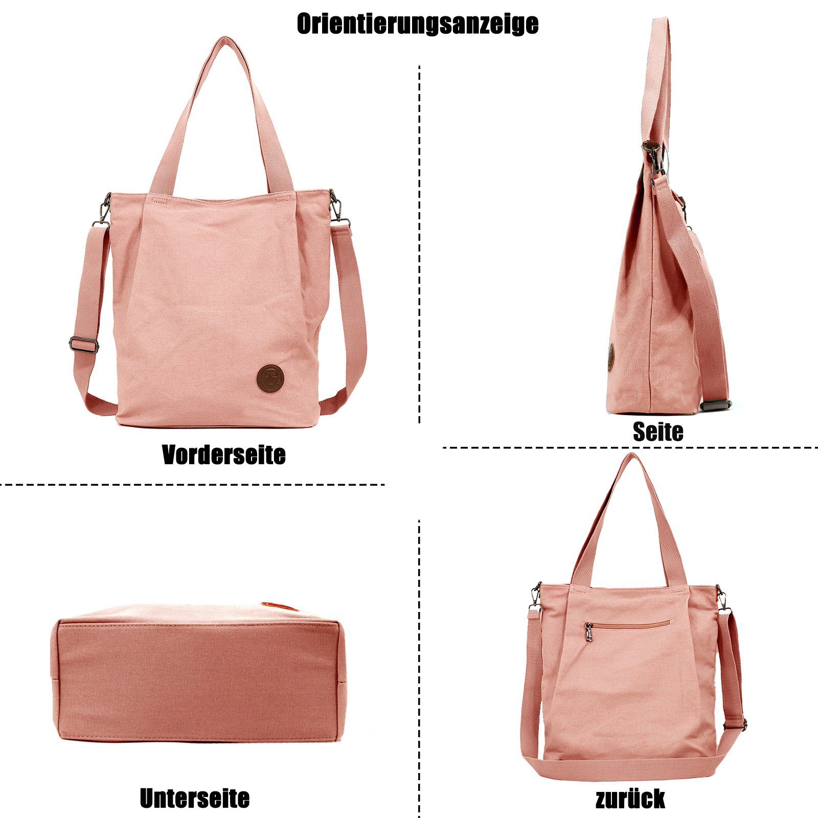 TAN.TOMI Umhängetasche Canvas Multifunktionale Bag Groß Casual Handtasche, Schultertasche, Umhängetasche, Rosa Crossbody