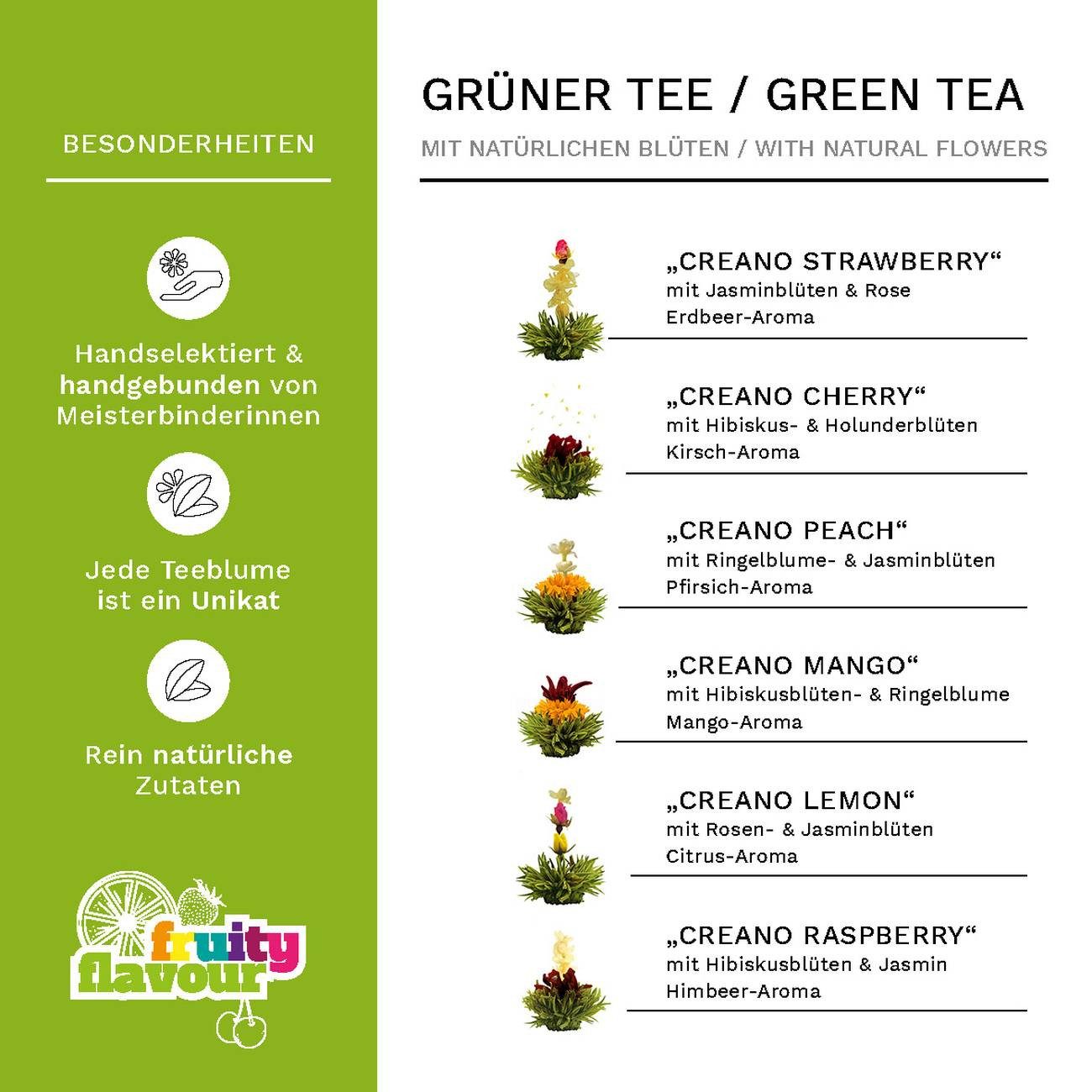 Creano Tee Geschenkset Erblühtee mit Glaskanne Grüner Tee fruchtig, 6 Sorten, 1 x 6 St.