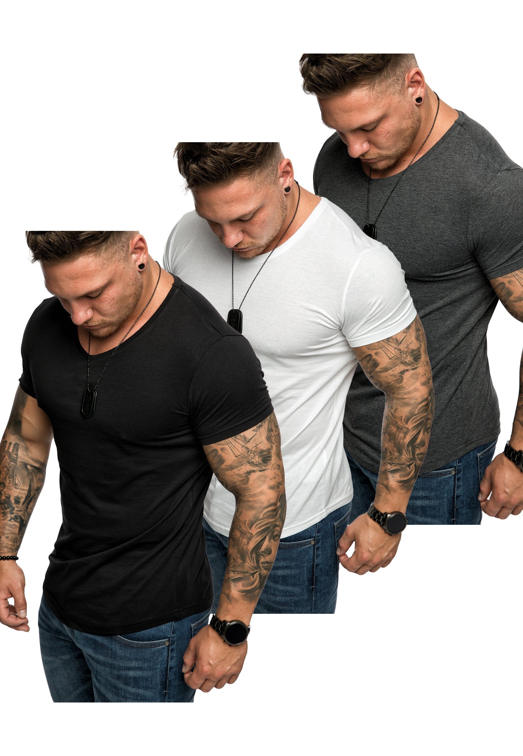Amaci&Sons T-Shirt 3. BELLEVUE 3er-Pack T-Shirts (3er-Pack) Herren Basic Oversize T-Shirt mit V-Ausschnitt (Schwarz + Weiß + Anthrazit) | T-Shirts