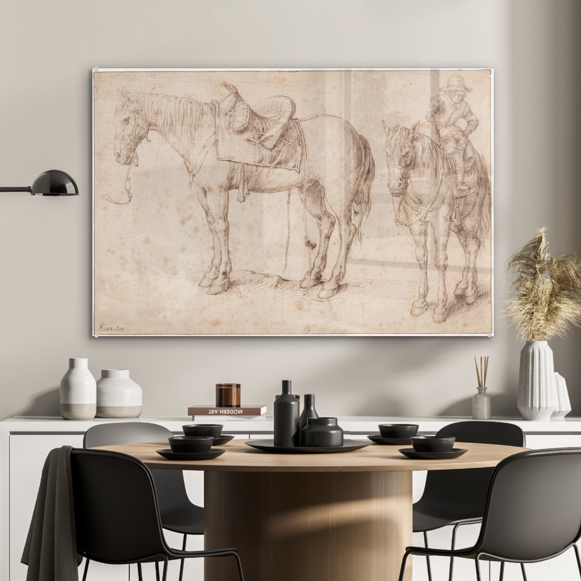 Studien - eines Acrylglasbilder Pferdes Gemälde MuchoWow St), Acrylglasbild von Zwei de Gheyn Jacob Wohnzimmer gesattelten (1 Schlafzimmer & II,
