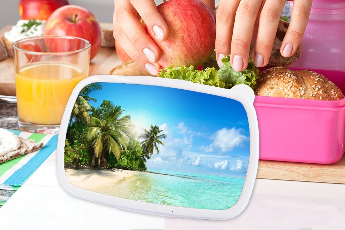Snackbox, Meer Kunststoff, Kinder, Palme Mädchen, - rosa - für - Kunststoff - Strand Erwachsene, Blau - Grün, MuchoWow (2-tlg), Lunchbox Tropisch Brotdose Brotbox