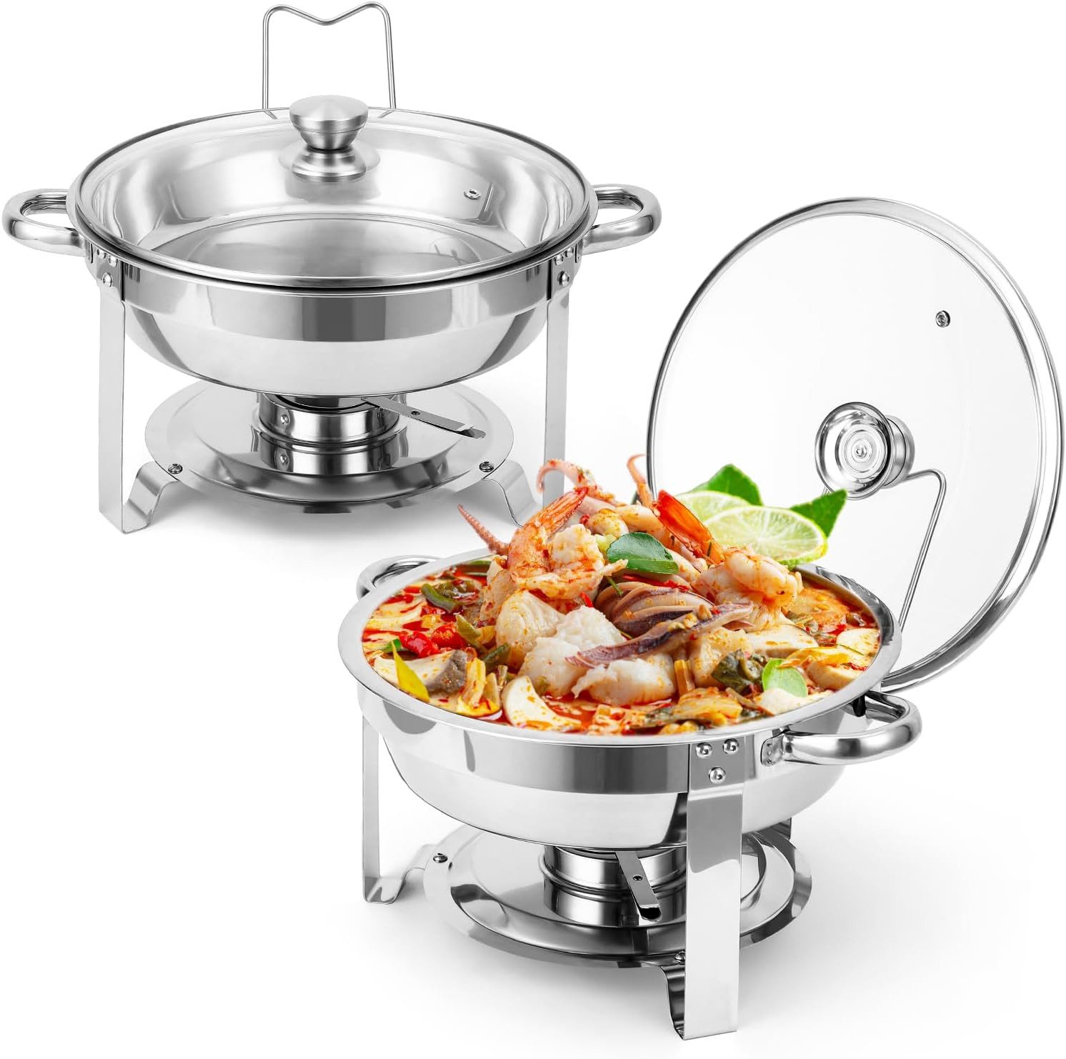 GarveeMore Speisenwärmer 5L runde Edelstahl-Chafing-Dishes und Warmhaltebehälter, (2-tlg), mit Deckelhalter und Glasdeckel für Catering,Partys,Abendessen