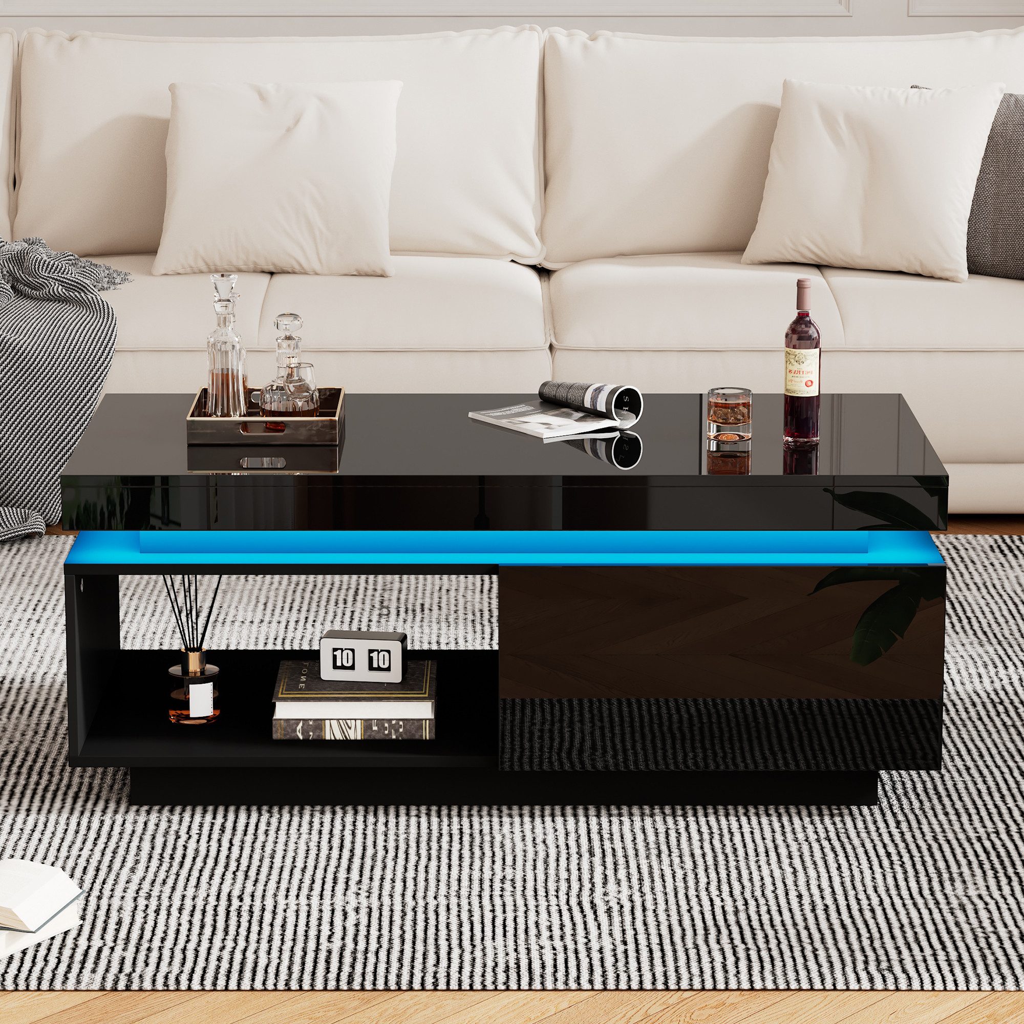 STILVORA Wohnzimmer-Set Hochglanz Kaffeetisch mit Schubladen,Beistelltisch mit LED Licht, (Wohnzimmertisch, Beistelltisch, 1 Stück, 1 Schublade, 1-St), in Hochglanzoptik