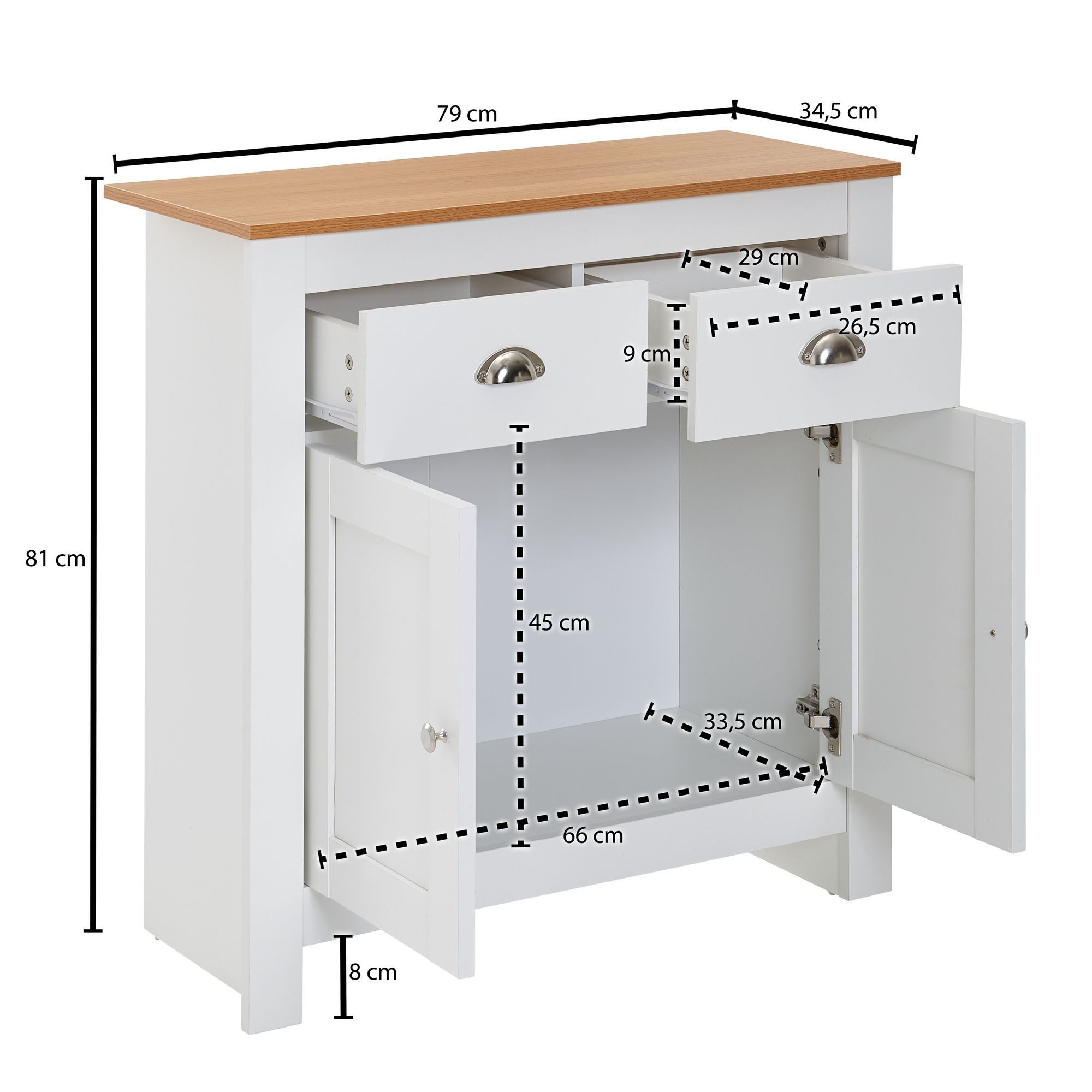 FINEBUY Sideboard FB72120 MDF Weiß - Eiche 80cm Kommode mit 2 Schubladen & 2 Türen (mit 2 Schubladen 79x81x34,5 cm Kommode Weiß Eiche), Anrichte Hoch mit Türen, Schubladenkommode