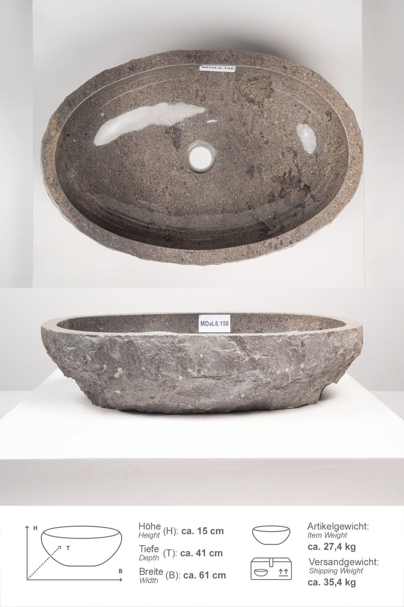 wohnfreuden Aufsatzwaschbecken Erosi Marmor Waschbecken 60 cm grau (Kein Set), 125591_MDaL6.158