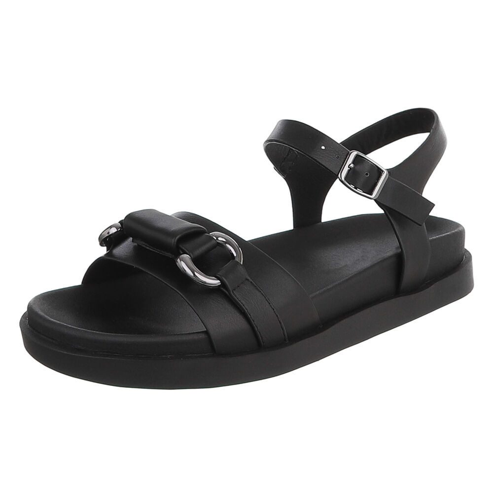 Ital-Design Damen Sandale mit Fesselriemen und Metallelement Riemchensandalette (91895946) Flach Riemchensandalen in Schwarz