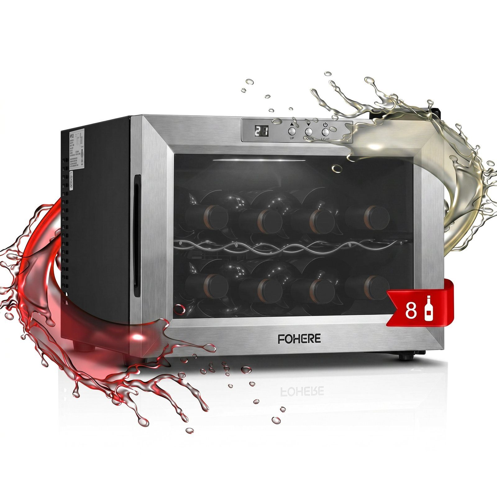 FOHERE Weinkühlschrank mit 22L Fassungsvolumen für 8 Flaschen Temperatur von 8°C bis 18°C,mit LCD und höhenverstellbare Füße