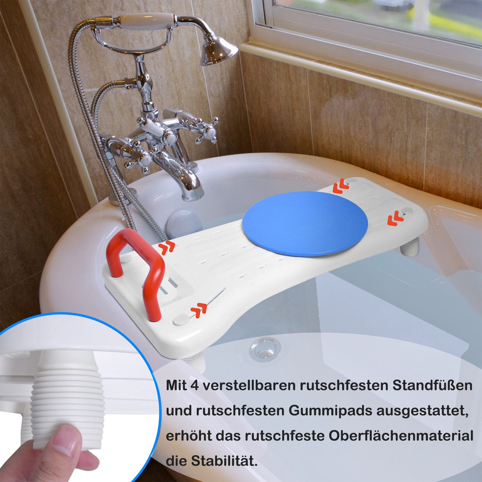 FIVMEN Badewannenbrett Badewannensitz Senioren Erwachsene Wannensitz, belastbar bis 150 kg, mit Seifenablage, Drehscheibe Griff, Stuhl für Badezimmer Erwachsene