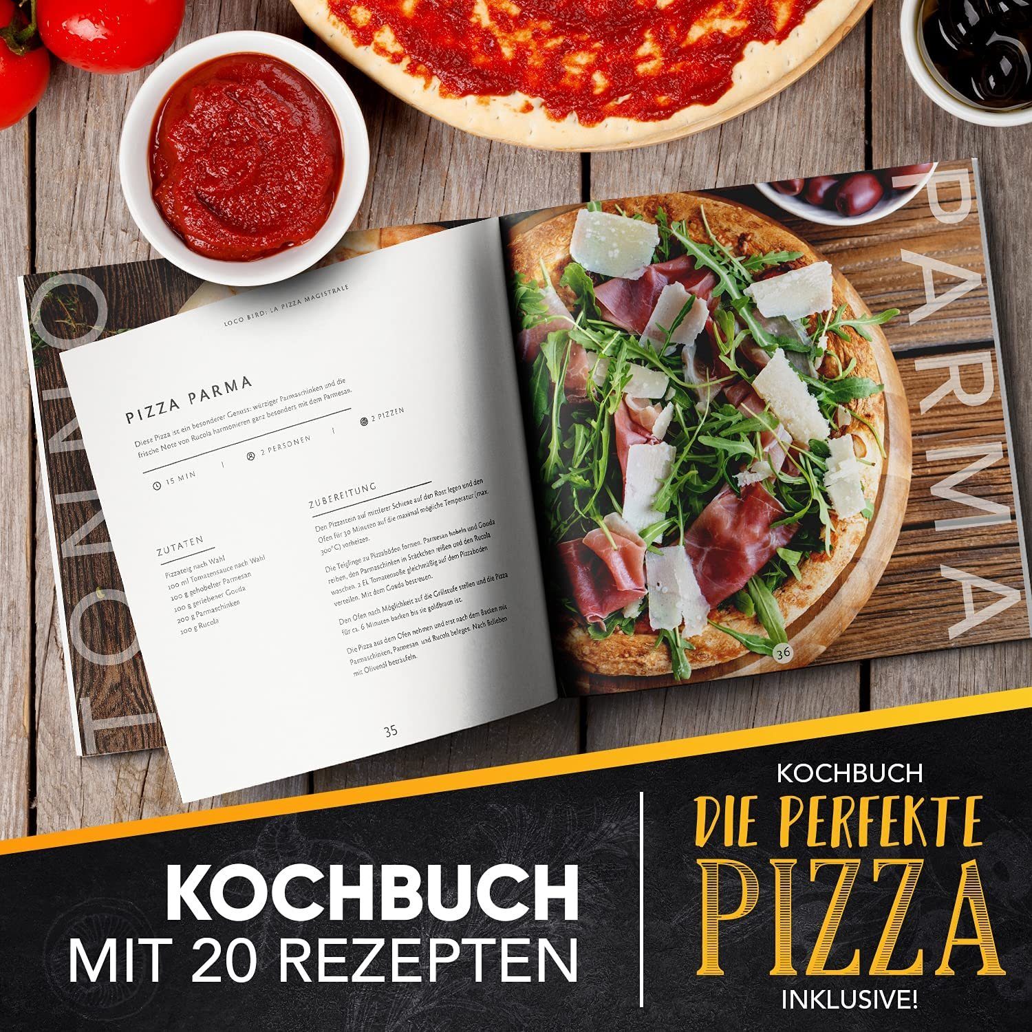 Loco Bird Pizzastein für Backofen & Gasgrill, rechteckig aus Cordierit, Cordierit, (Set, 3-St., inkl. Pizzaschieber und Rezeptbuch), für eine Pizza wie in Italien: authentischer Geschmack für Zuhause