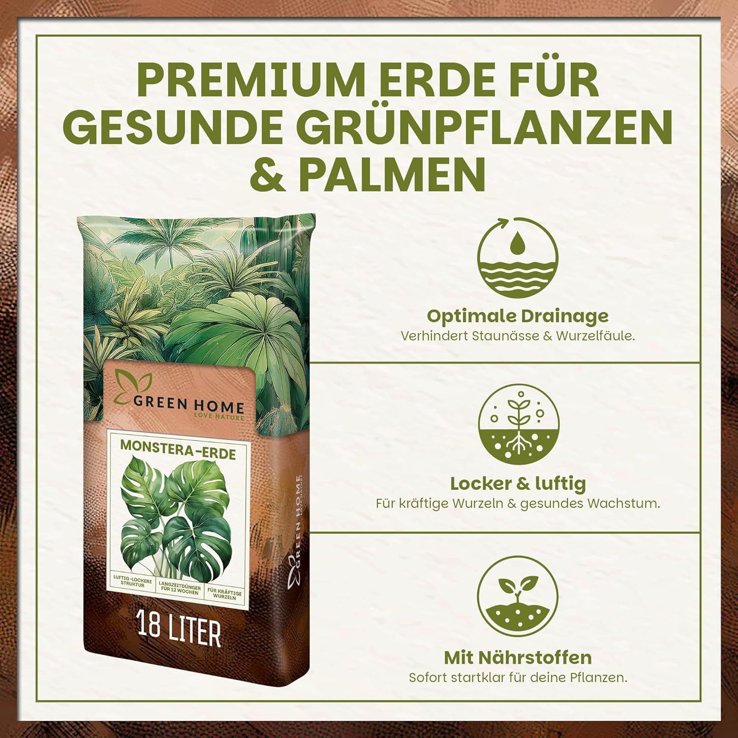 GREEN HOME LOVE NATURE Spezialerde Monstera Erde – Substrat für Monstera, Aroiden & Zimmerpflanzen 18 L, 36 L, 72 L, Langzeitdünger, Perlit, Kokosfasern, pH 5,8 – Bild 2 von 5
