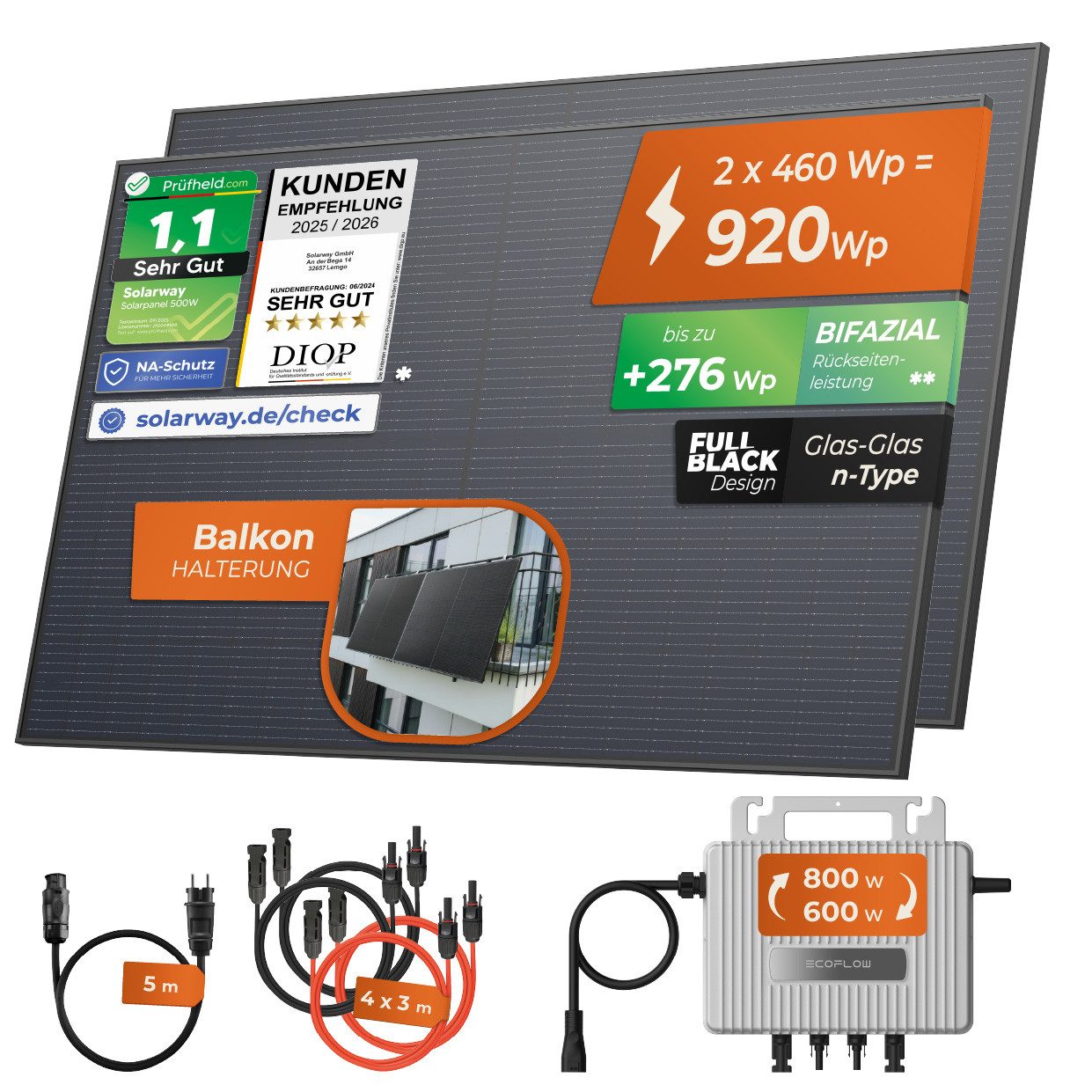 Solarway Balkonkraftwerk 920Wp / 800W komplett Steckdose - neuester EcoFlow Stream 800 Watt, 920 W, Monokristallin, (Solarway 460W Solarmodul & EcoFlow STREAM), – Bild 2 von 5
