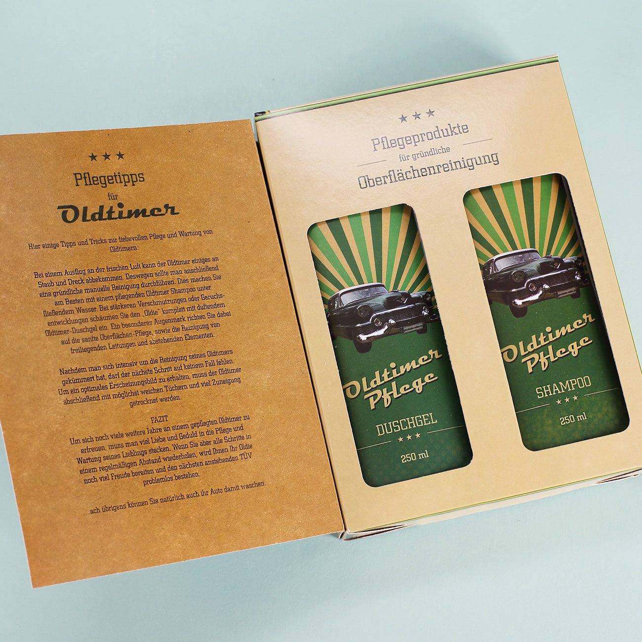 Herz & Heim Pflege-Geschenkset "Oldtimer Pflege" - Lustiges Geschenk für Männer zum Geburtstag, 1x Duschgel (250 ml), 1x Shampoo (250 ml) – Bild 5 von 5