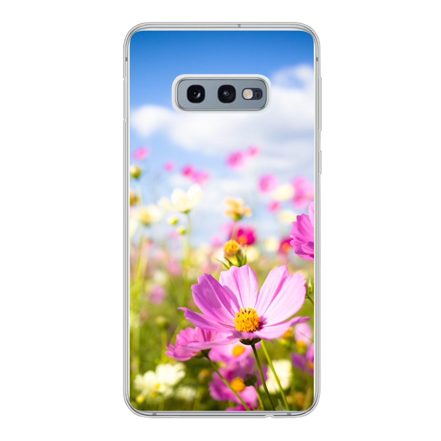 MuchoWow Handyhülle für Samsung Galaxy S10e Blumen - Wiese - Lila - Gras - Weiß - Wolken -, Phone Case, Silikon, Schutzhülle Dünn