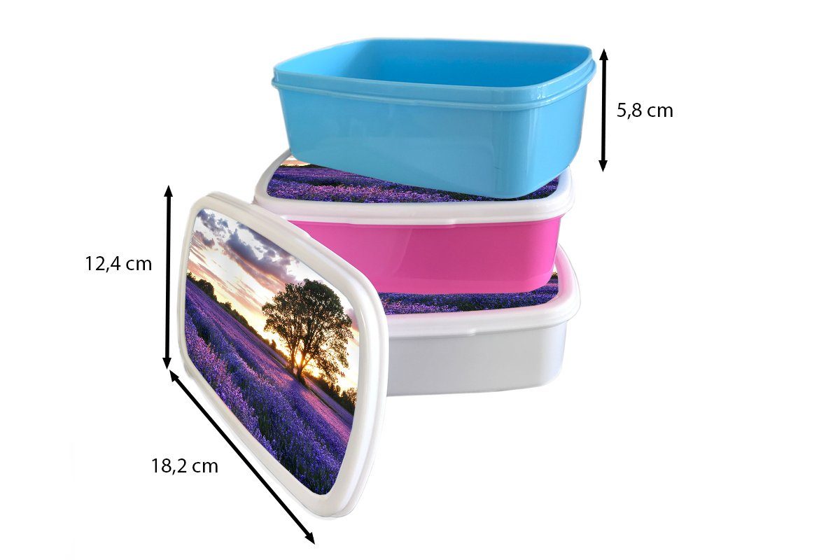 MuchoWow Lunchbox Sommerabendlicher Sonnenuntergang über Snackbox, für Bio-Lavendel Feld (2-tlg), in, mit Kunststoff Brotdose Kunststoff, Erwachsene, Kinder, rosa Brotbox einem Mädchen