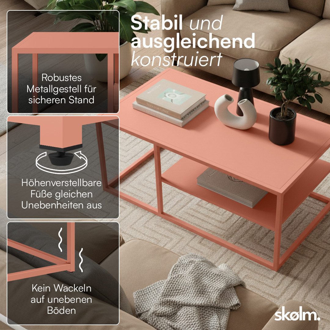 skølm Couchtisch Skadi aus Metall mit 2 Ablagen (Terrakotta), Wohnzimmertisch mit verstellbaren Füßen, 45x100x60 cm (HxTxB)