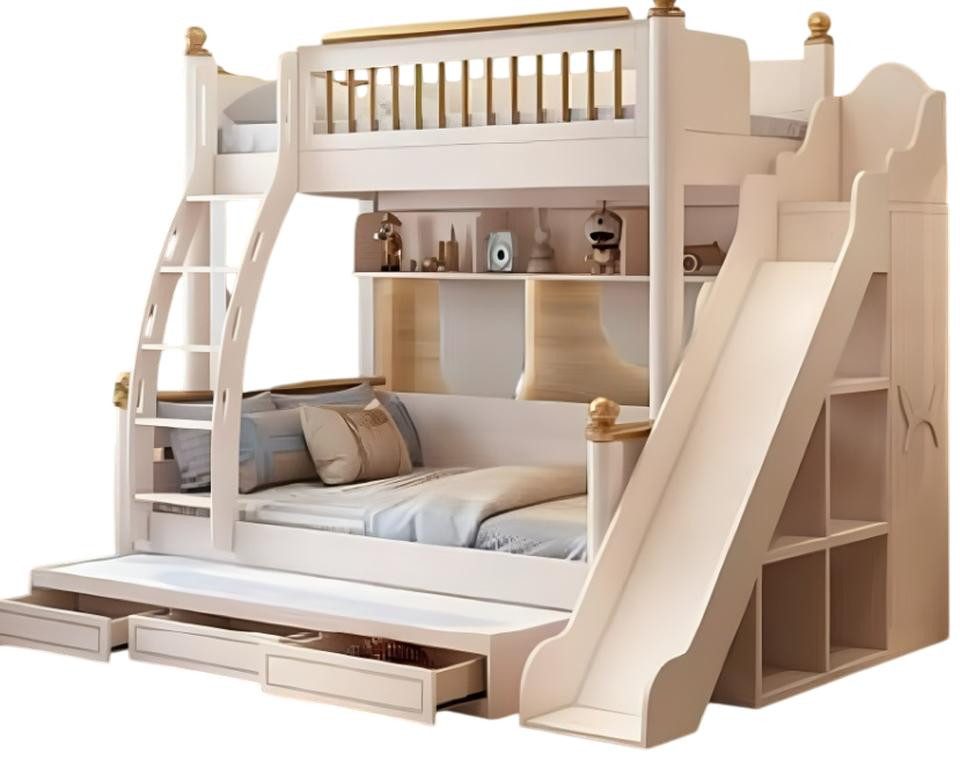 Etagenbett Etagenbett aus Holz in Weiß mit Rutsche für Kinder