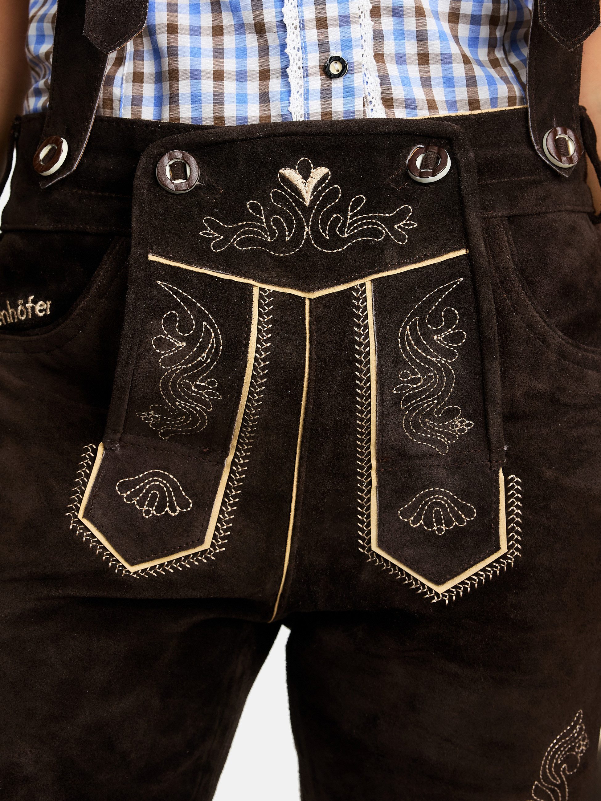 Steigenhöfer Manufaktur Trachtenlederhose Lederhose Damen Shorts - 100% Rindsleder - Kurze Hose für Frauen (Inklusive verstellbaren Trägern) Traditionelles Desi – Bild 5 von 5