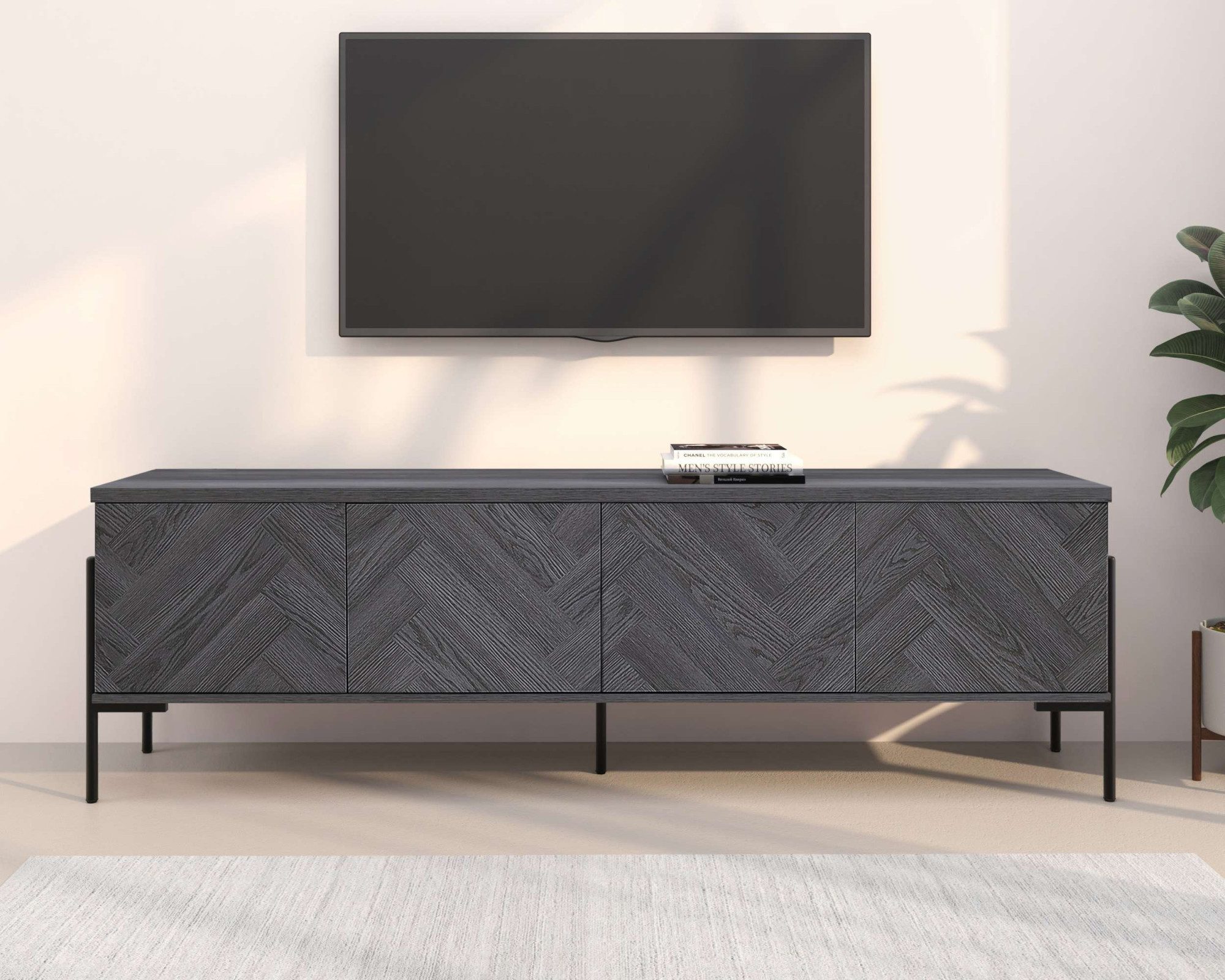 Leonique Lowboard Eadwine, TV-Kommode, Push-to-open, Türen mit Fischgräten Muster, Breite 175 cm