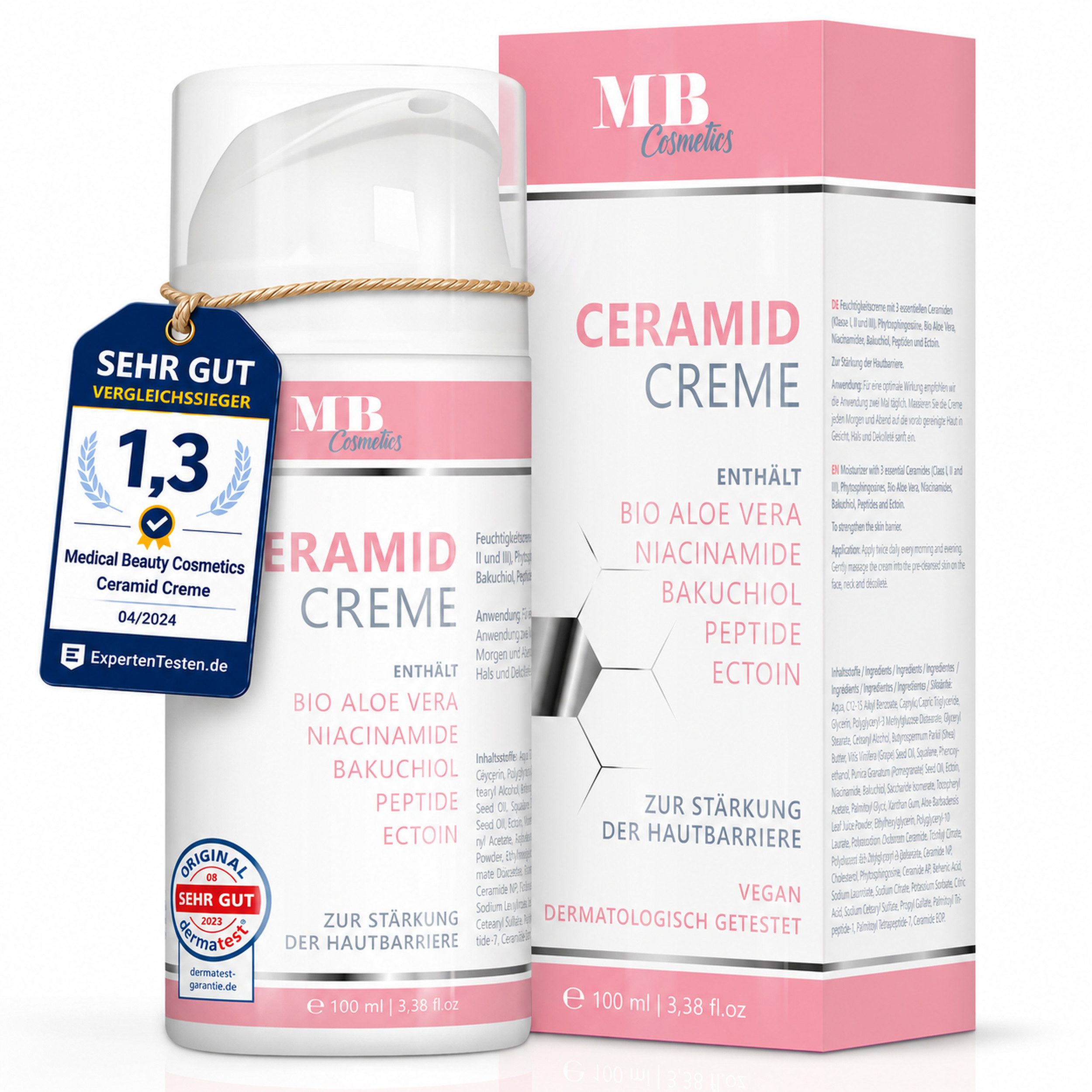 Medical Beauty Cosmetics Tagescreme Ceramide Creme mit Aloe Vera, Bakuchiol, Niacinamid & Ectoin 100 ml Packung, 3 Ceramide, ohne Duftstoffe, Vegan, Stärkung der Hautbarriere