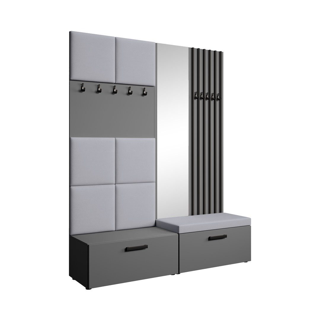 Beautysofa Garderobenschrank mit gepolsterten Paneelen und dekorativen Lamellen MARGARET I+II (Elegante Kleiderbügel) Zwei abschließbare Schuhschränke