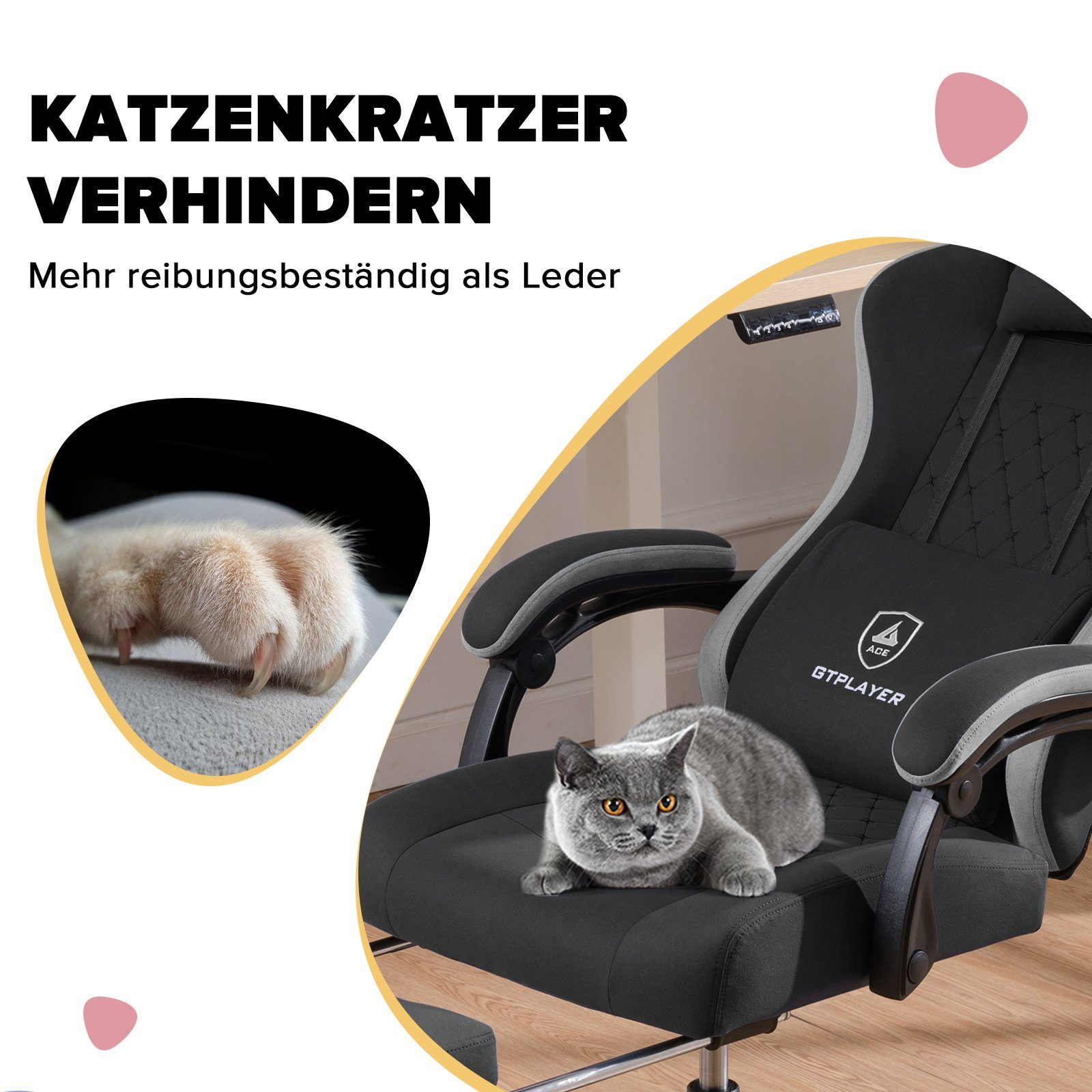 GTPLAYER Gaming-Stuhl Ergonomischer Gaming Sessel Schreibtischstuhl mit Stoffoberfläche (Pacekung), Federsitzkissen mit Fußstütze