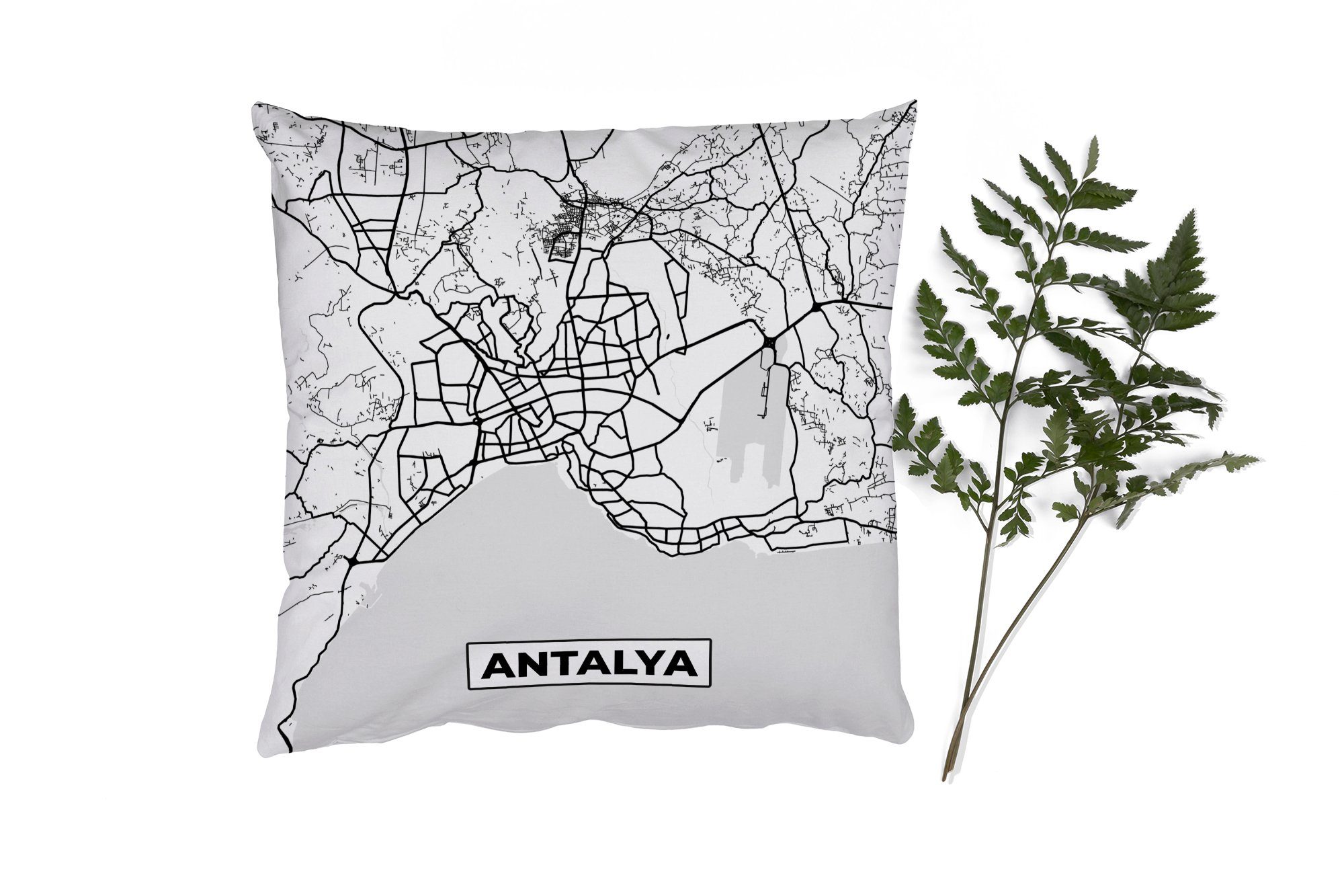 MuchoWow Dekokissen Antalya - Stadtplan - Schwarz und weiß - Karte, Zierkissen mit Füllung für Wohzimmer, Schlafzimmer, Deko, Sofakissen