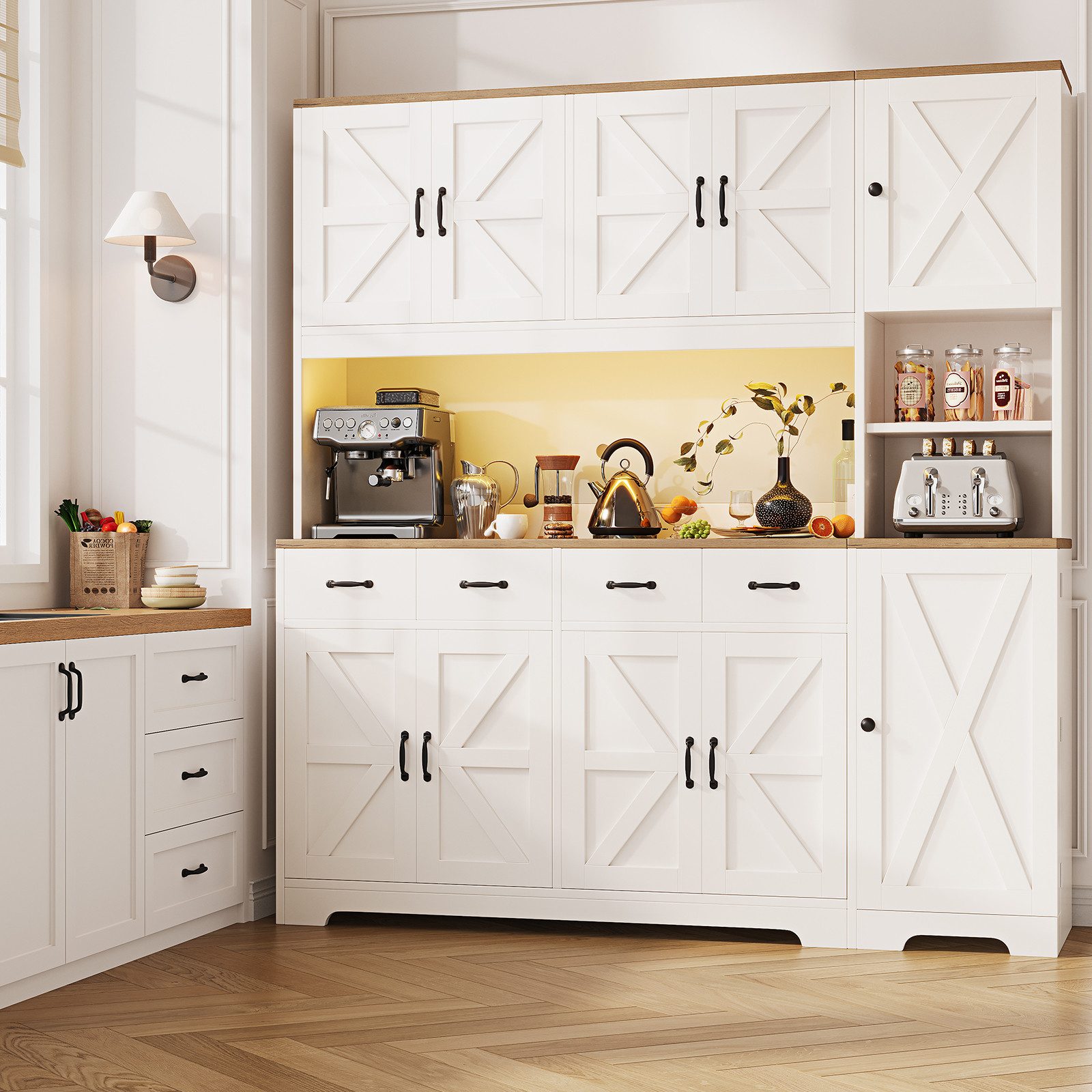 Yanosaku Hochschrank 180cm mit LED & Ladestation, Vorratsschrank mit 4 Schubladen