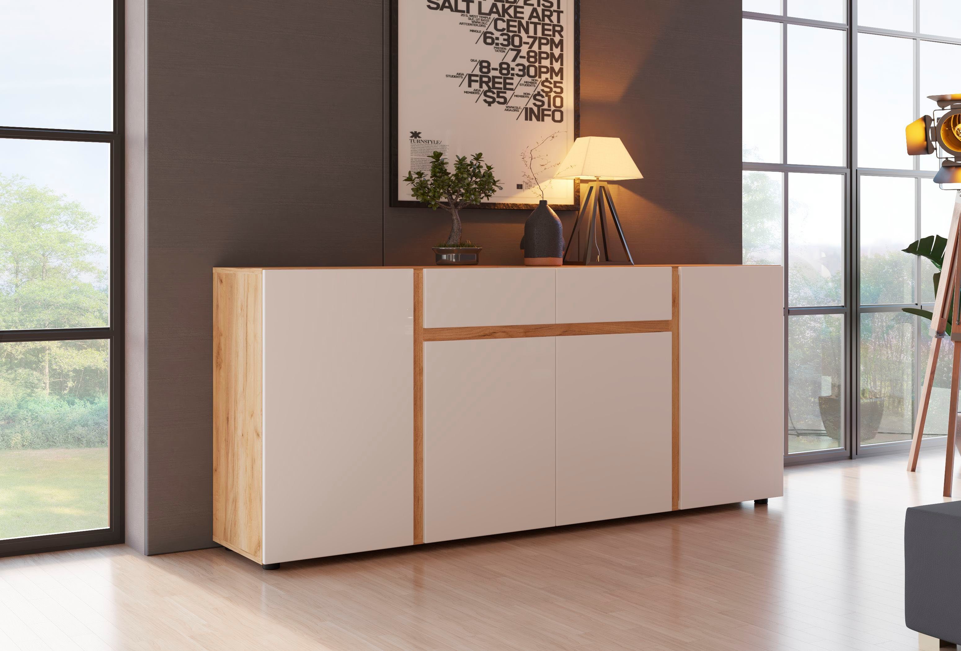 INOSIGN Sideboard Morongo, Breite ca. 201 cm Eiche Kraft Gold/Weiß Alpin