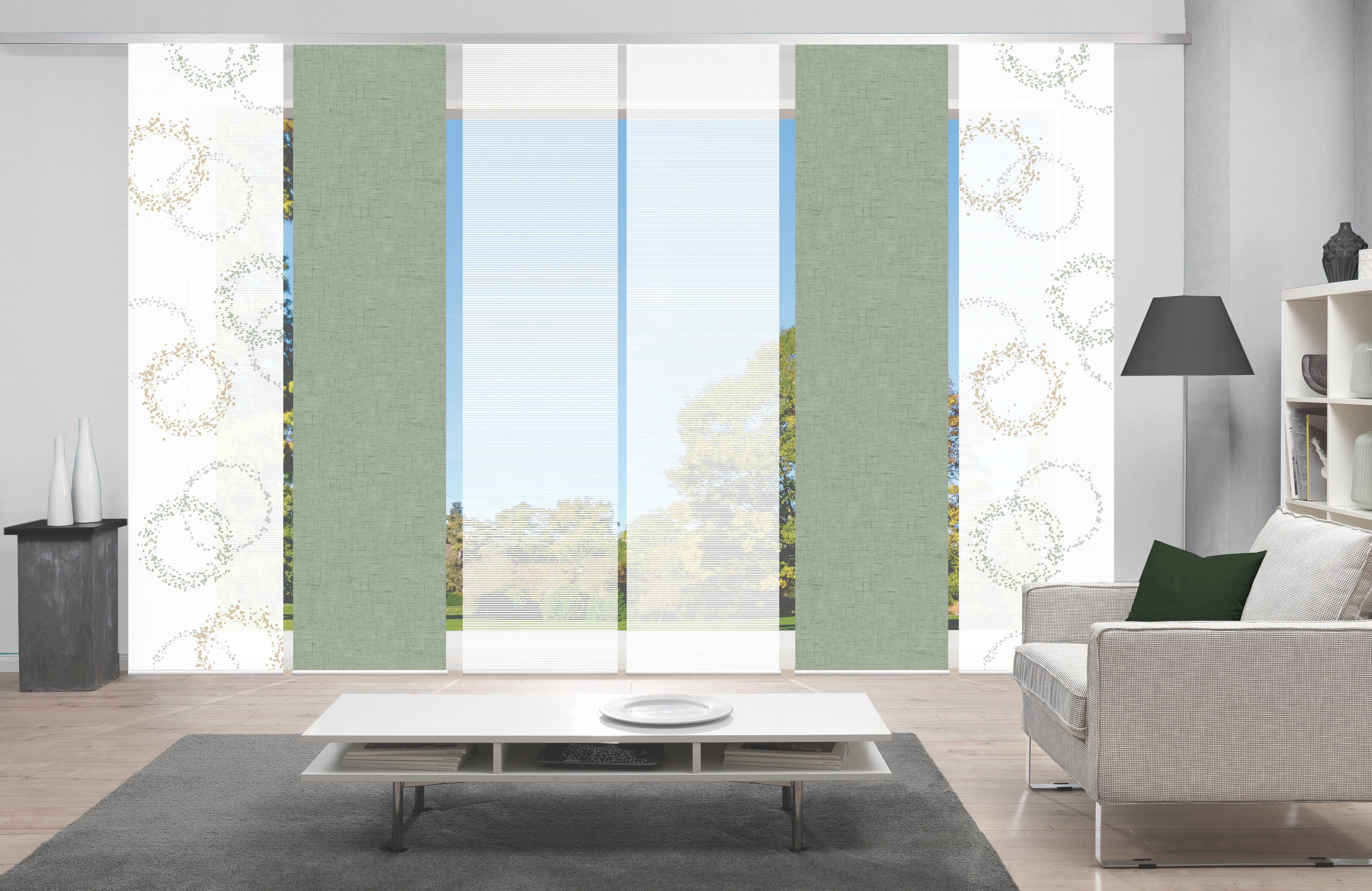 Vision S Schiebegardine AINUR 6er SET (6 St), Paneelwagen, halbtransparent, Schiebevorhang Digidruck 6er Set AINUR