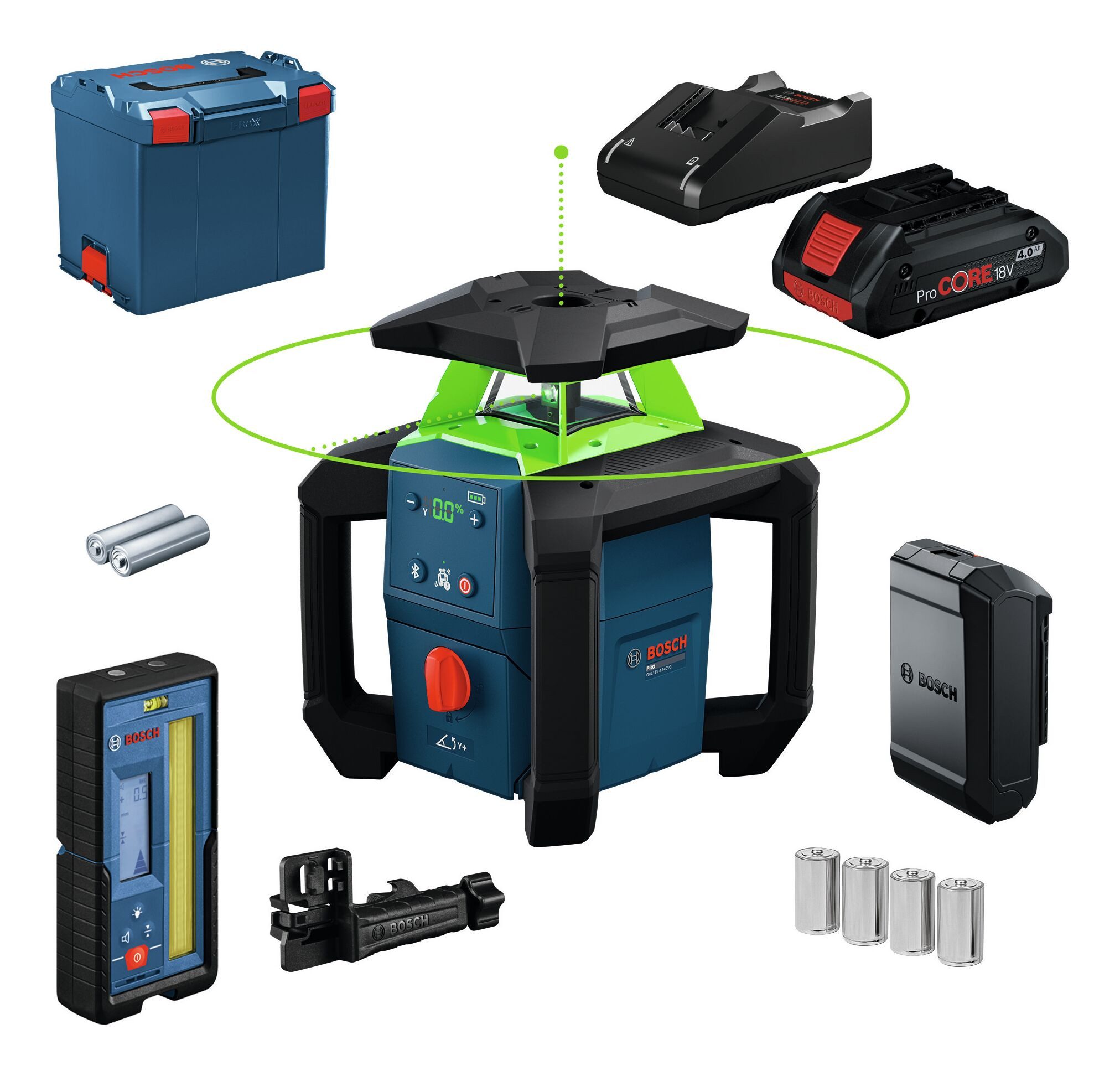 BOSCH Punkt- und Linienlaser GRL 18V-4-34CVG, Rotationslaser mit 1x Akku ProCORE 4 Ah - in L-BOXX 374