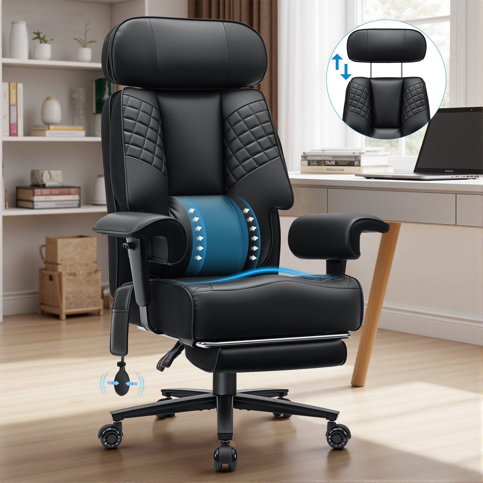 Hoffree Bürostuhl XXL Ergonomischer Relax- & Bürostuhl hoher Chefsessel 227kg belastbar (höhenverstellbarer Kopfstütze und Armlehnen, 90°-155° Wippfunktion), mit breitem Sitz, Hochwertige Stoffe, verstellbarer Lendenstütze