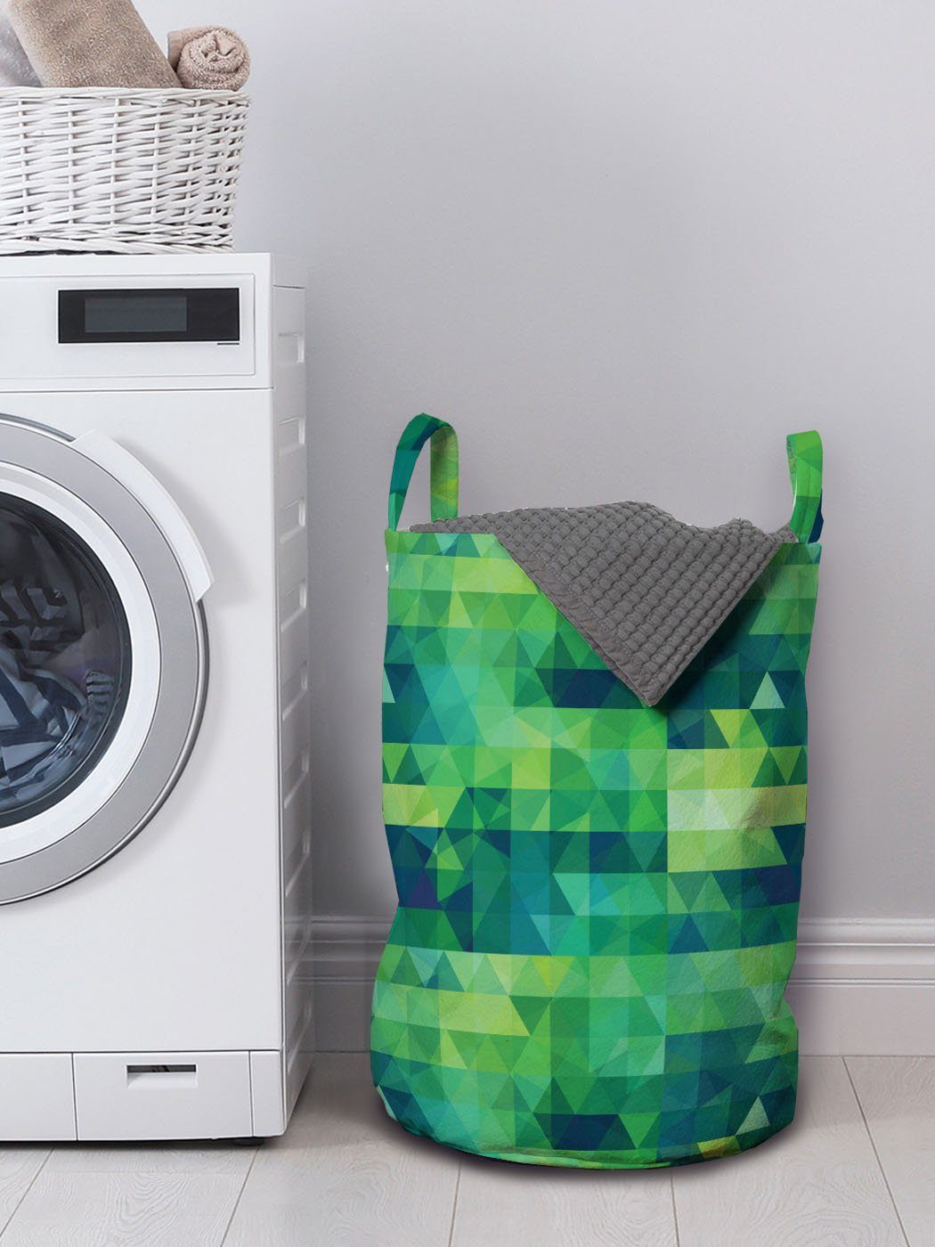 Abakuhaus Wäschesäckchen Wäschekorb Griffen für Waschsalons, Monochrome mit Triangles Grüne Kordelzugverschluss Mosaik