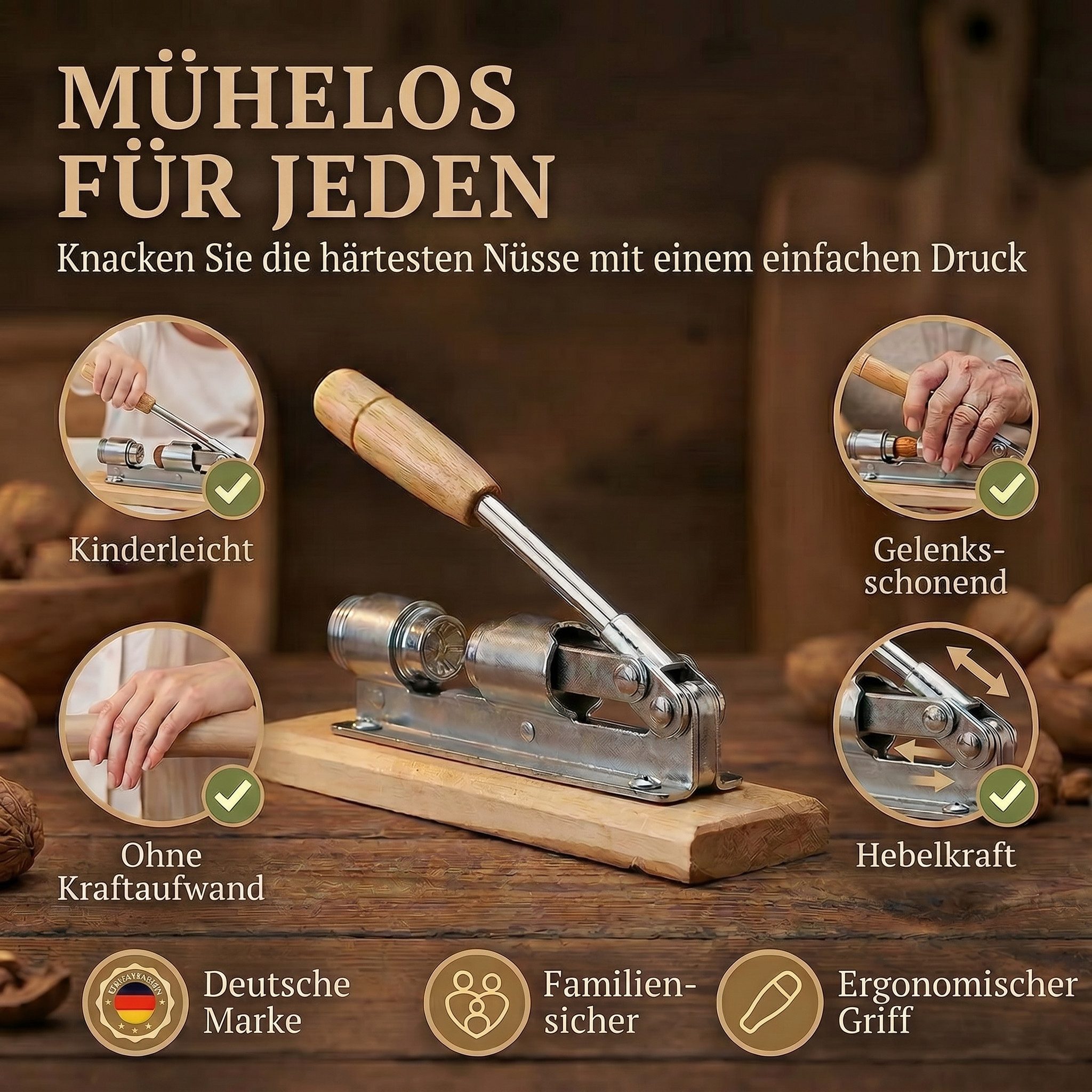 Goods+Gadgets Nussknacker Retro Nussknacker Hebel Edelstahl – Starker Schalenknacker für Nüsse, (Hebel-Knacker), Schalenknacker aus Edelstahl