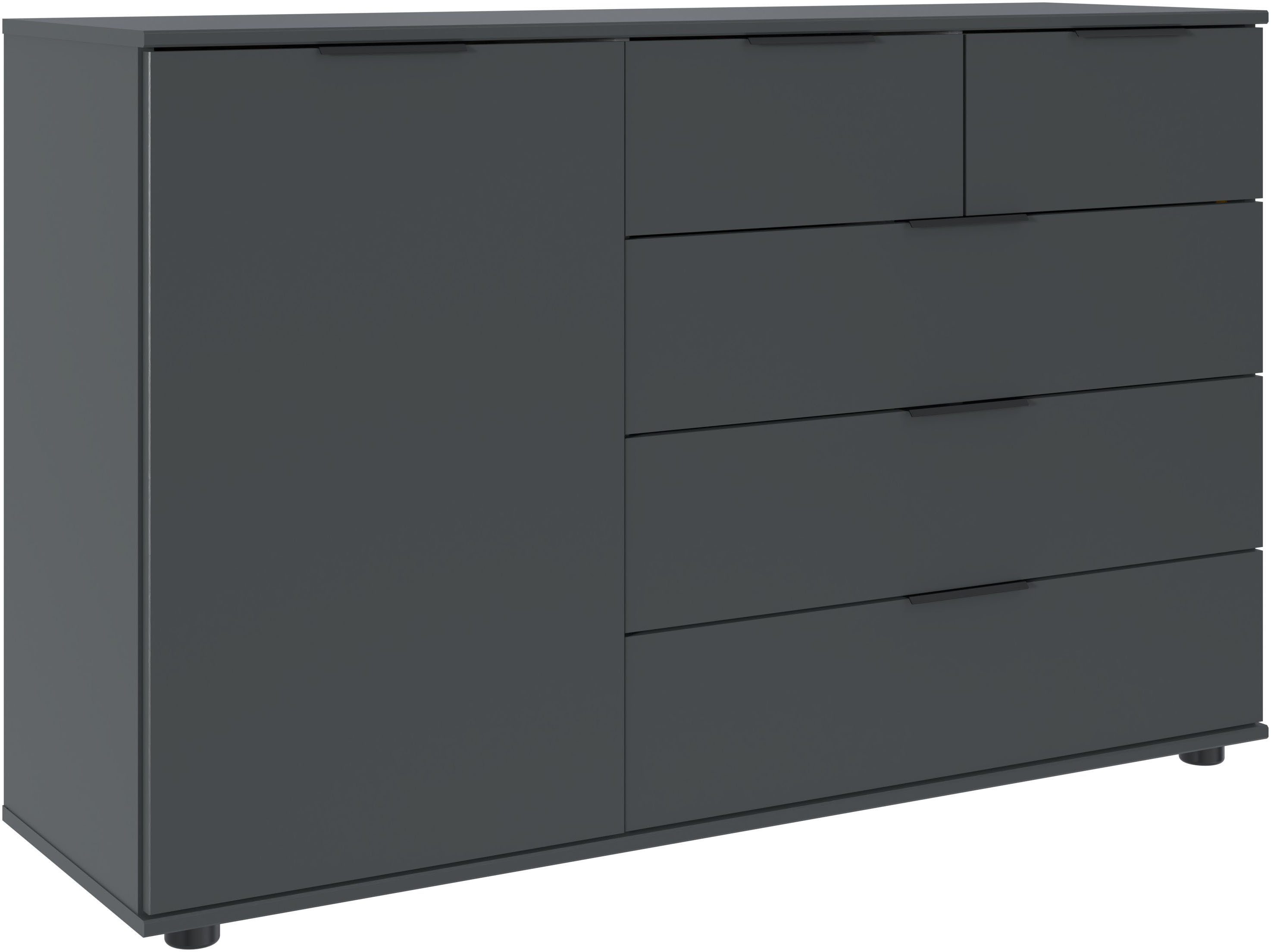 Wimex Kombikommode Tilburg, Sideboard 130x43x83cm, Made in Germany, mit schwarzen Metallgriffen, Stauraum hinter 1 Tür und in 5 Schubladen