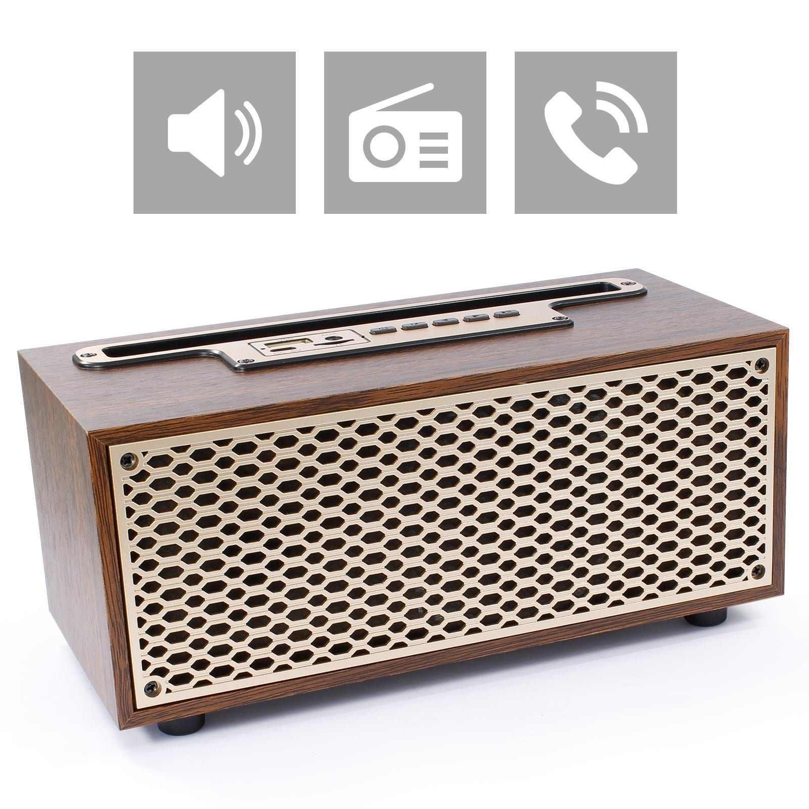 EAXUS XM-5H Premium Bluetooth Lautsprecher in edler Vintage Holz-Optik Bluetooth-Lautsprecher (Bluetooth, Mit Radio, USB, microSD-Slot & Freisprechfunktion)
