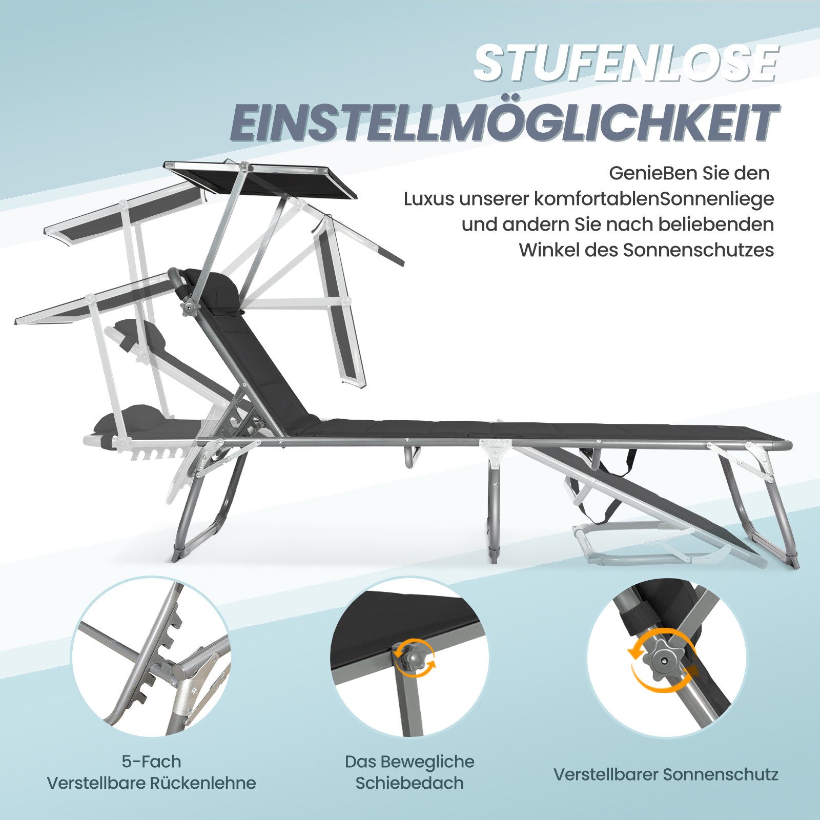 HOMECALL Gartenliege Sonnenliege AluLiege Liegestuhl Strandliege Liegen, klappbar, Textilene Mit Dickem Schwamm, Verstellbare Rückenlehne, Sonnenblende, Kopfpolster, bis 180KG