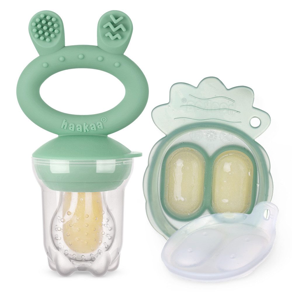 Haakaa Schnuller Minikombi Fruchtsauger + Eiswürfelform Schnuller Beißring Beikost, Mit den Füßen am Deckel kann der Feeder aufrecht gelagert werden