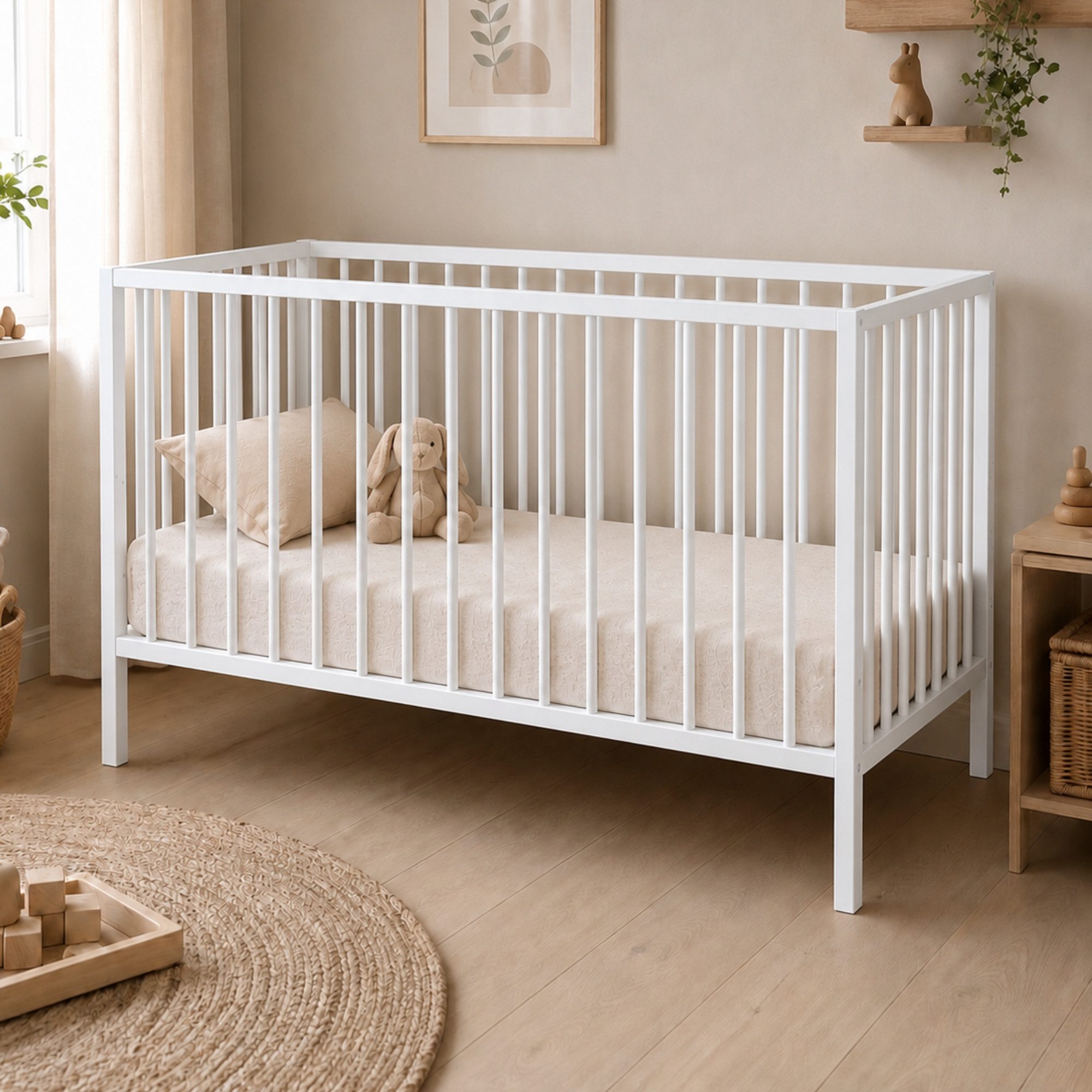 Kids Collective Babybett Kinderbett Gitterbett 60x120/70x140 cm modular & höhenverstellbar Holz, verschiedene Varianten wählbar, massives Holz, ab Geburt Weiß