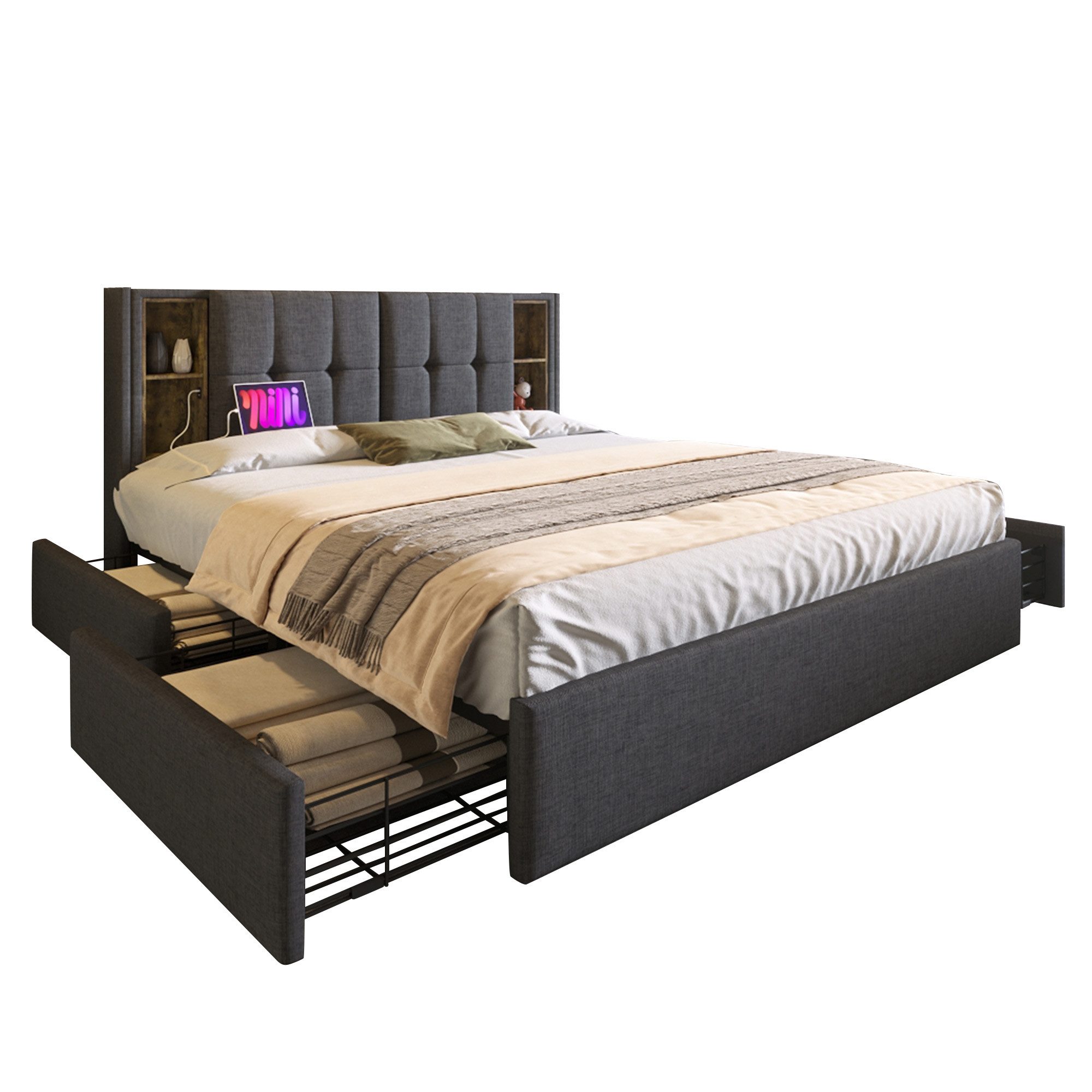 Flieks Polsterbett, Doppelbett 160x200cm Kabelloses Laden/USB/Typ-c & 4 Sch günstig online kaufen