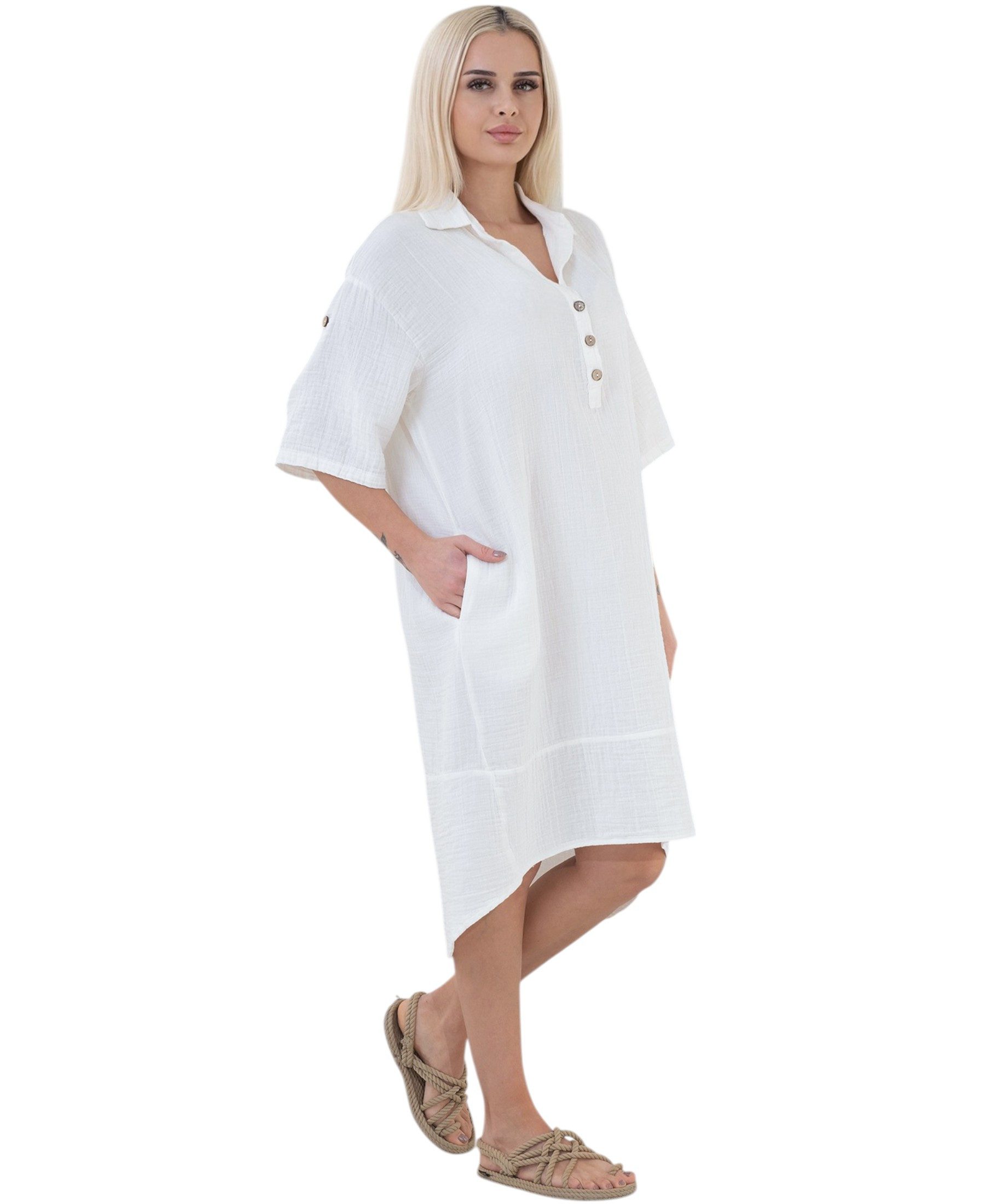 WENOR Blusenkleid Musselin Damen Tunika Kleid Baumwolle Oversize Sommerkleid Locker geschnitten mit Hemdkragen, Knopfleiste und Seitentaschen