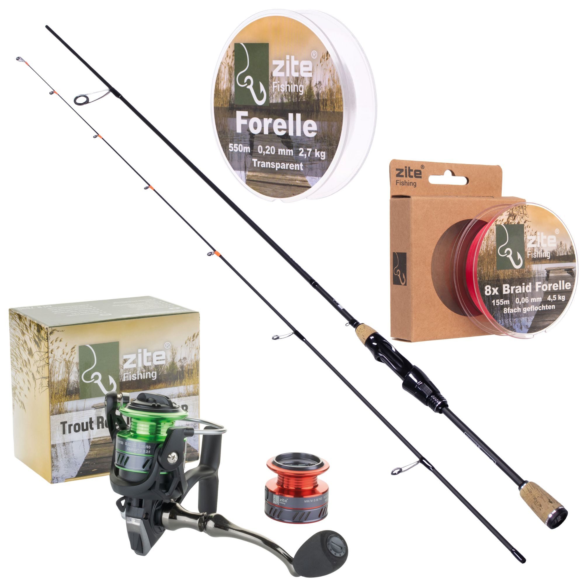 Zite Forellenrute Gummiköder Rute 2 m mit 1000er Trout Reel und 8x geflochtene Schnur, (Starter Set, Forellen Angeln, 3-tlg)
