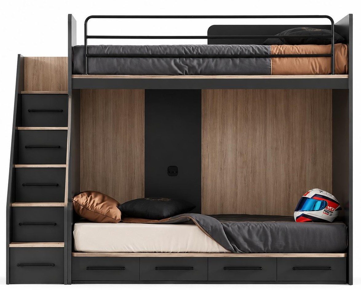 JVmoebel Etagenbett Etagenbett Hochbett Holz Braun Leiter Stauraum Jugendzimmer (Etagenbett, 1-St., 1-tlg)