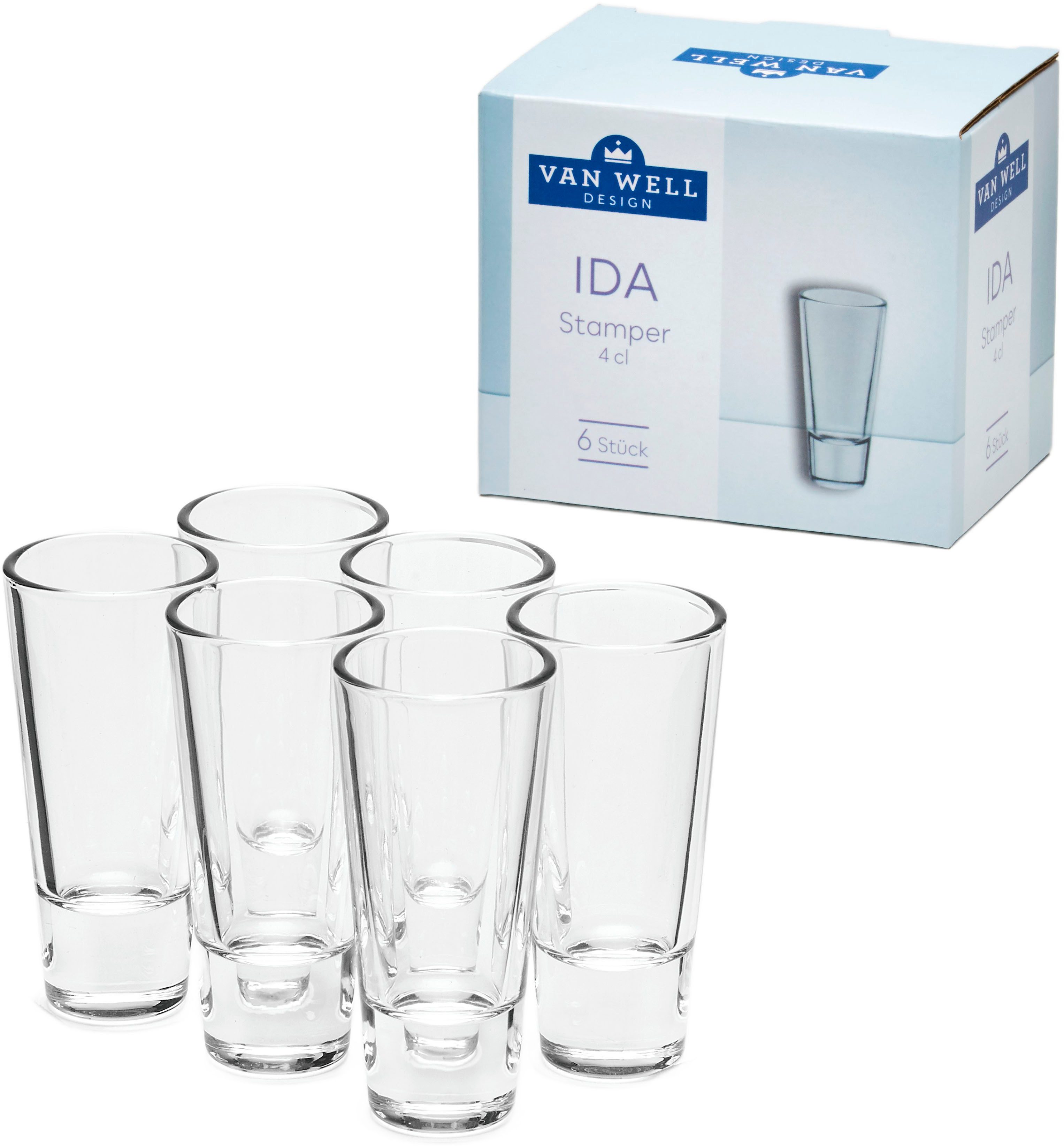 van Well Schnapsglas Ida, 6-tlg., Glas, spülmaschinengeeignet, 4 cl, 6-teilig