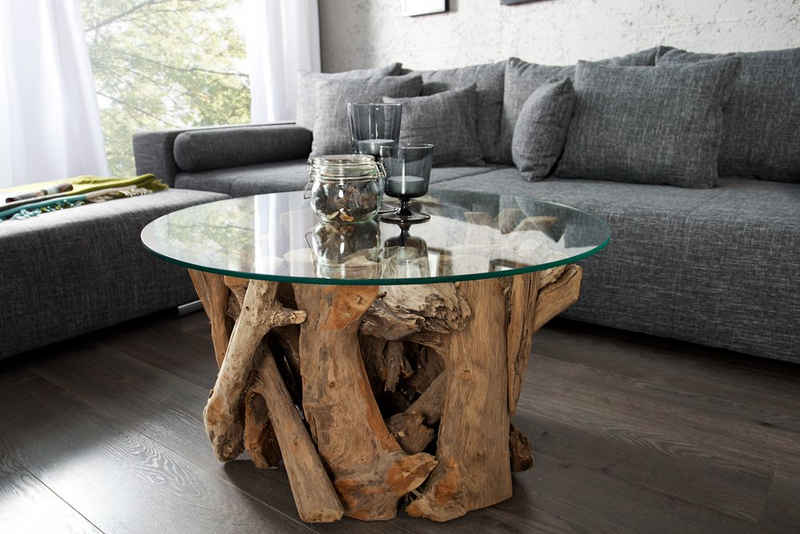 riess-ambiente Couchtisch NATURE LOUNGE 60cm natur / transparent, Wohnzimmer · Massivholz · Glasplatte · rund · Handarbeit