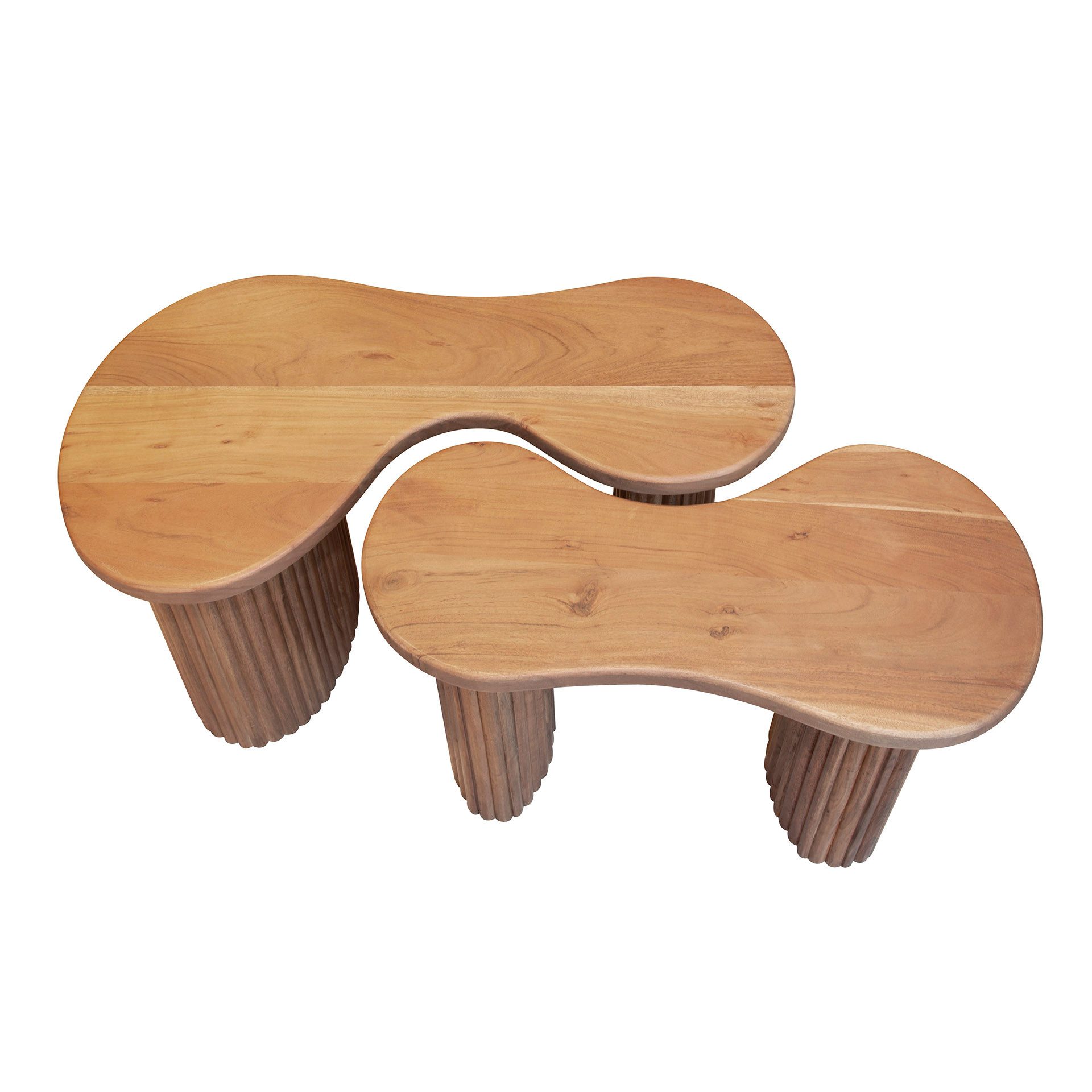 Vintagehaus Couchtisch 2er Set Retro Couchtisch Akazienholz Wave mit gerillten Beinen