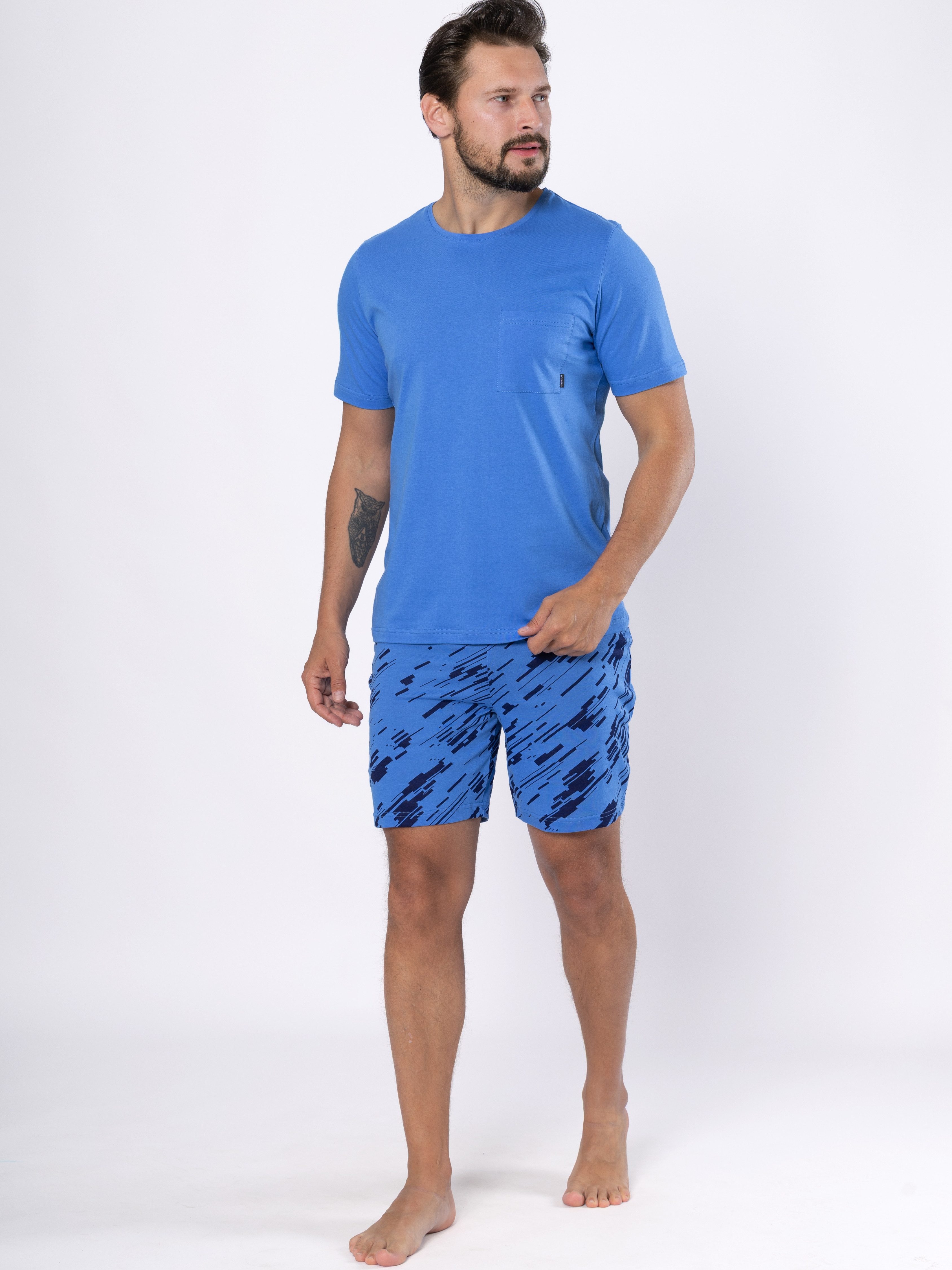 HOTBERG Shorty Pyjama-Set Herren kurz (2 tlg) Baumwolle, Blau-Marine, Nachtwäsche mit Print – Bild 4 von 5