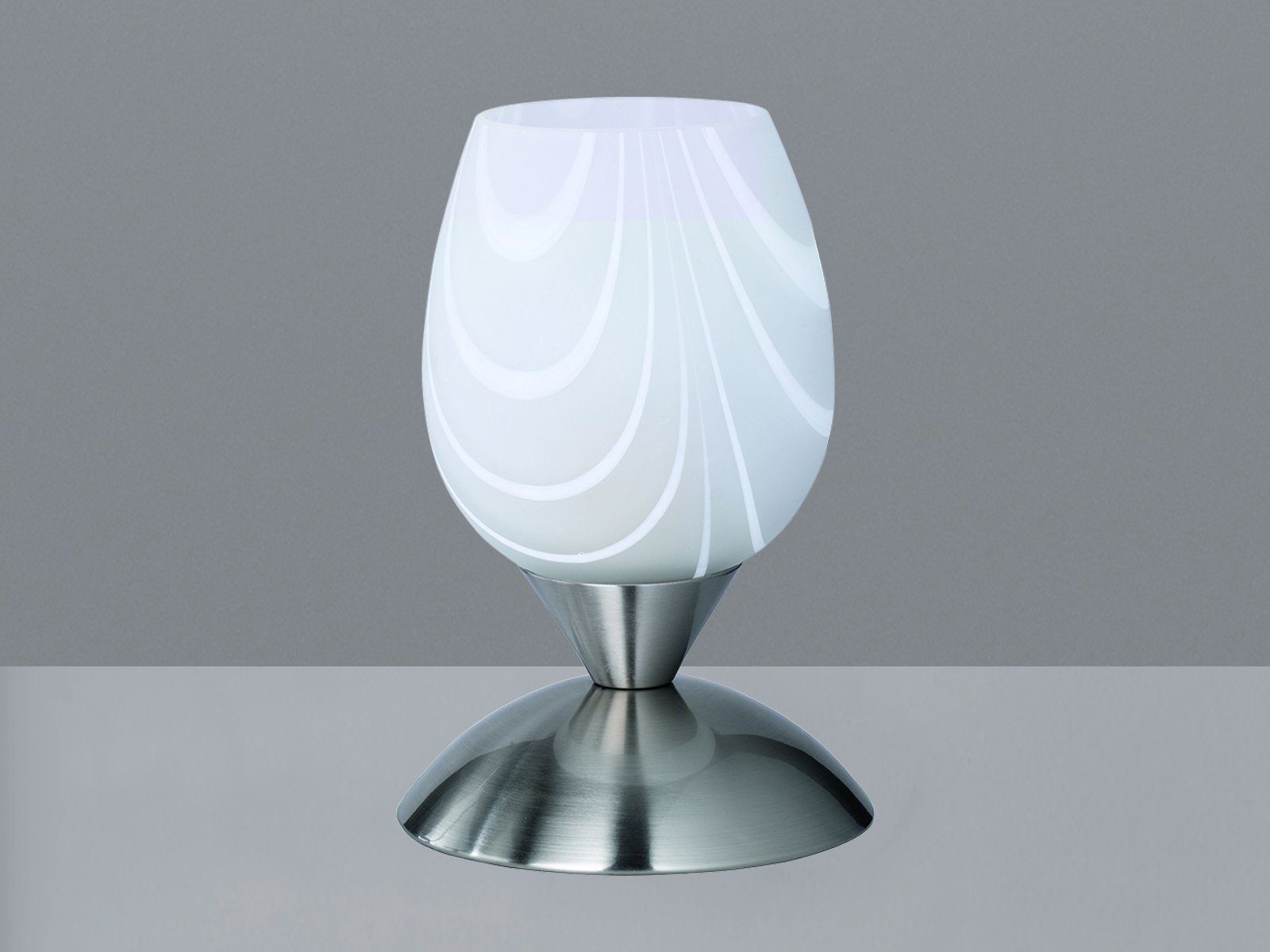 meineWunschleuchte LED Nachttischlampe, Dimmfunktion, LED wechselbar, Warmweiß, kleine per Touch dimmbar mit Glas Lampenschirm für Fensterbank H: 18cm Silber-Weiß marmoriert