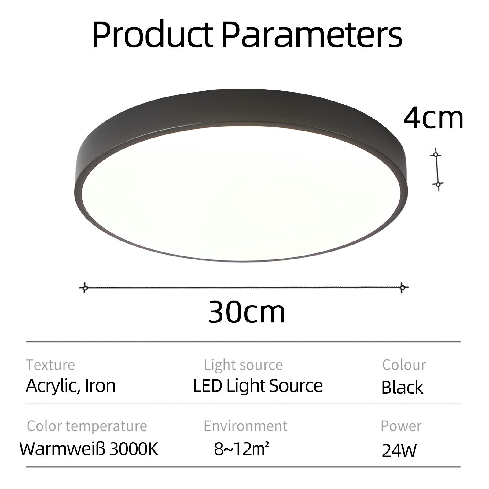 style home LED Deckenleuchte Modern Deckenlampe für Wohnzimmer Schlafzimmer, 24W-Warmweiß 3000K, LED fest integriert, Warmweiß 3000K ohne Fernbedienung, Runde Flach Lampe aus Metall, Ø30x4cm, Schwarz