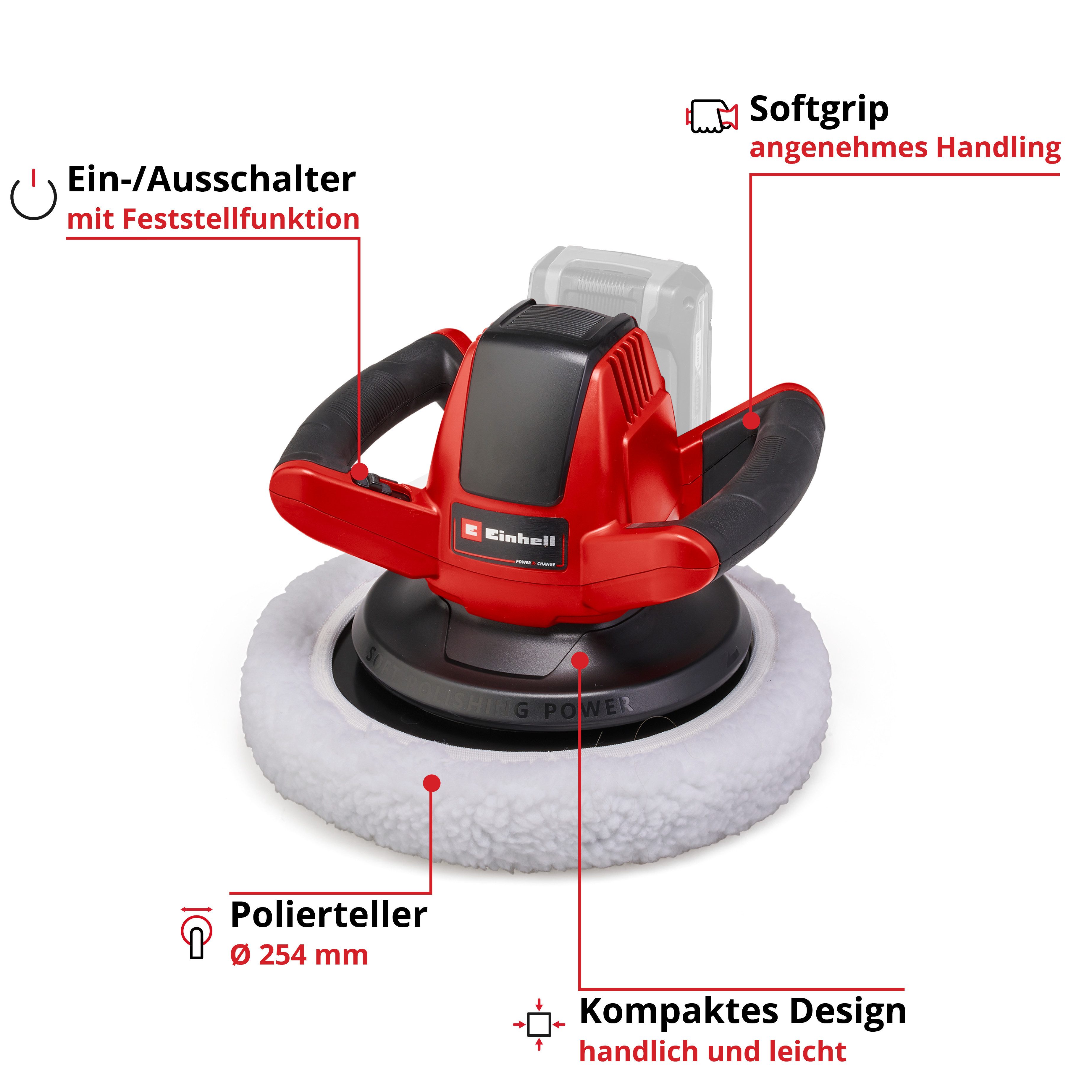 Einhell Akku-Poliermaschine CE-CB 18/254 Li-Solo, 2500 max. U/min, Ø 254 mm, Power X-Change, ohne Akku und Ladegerät – Bild 3 von 5