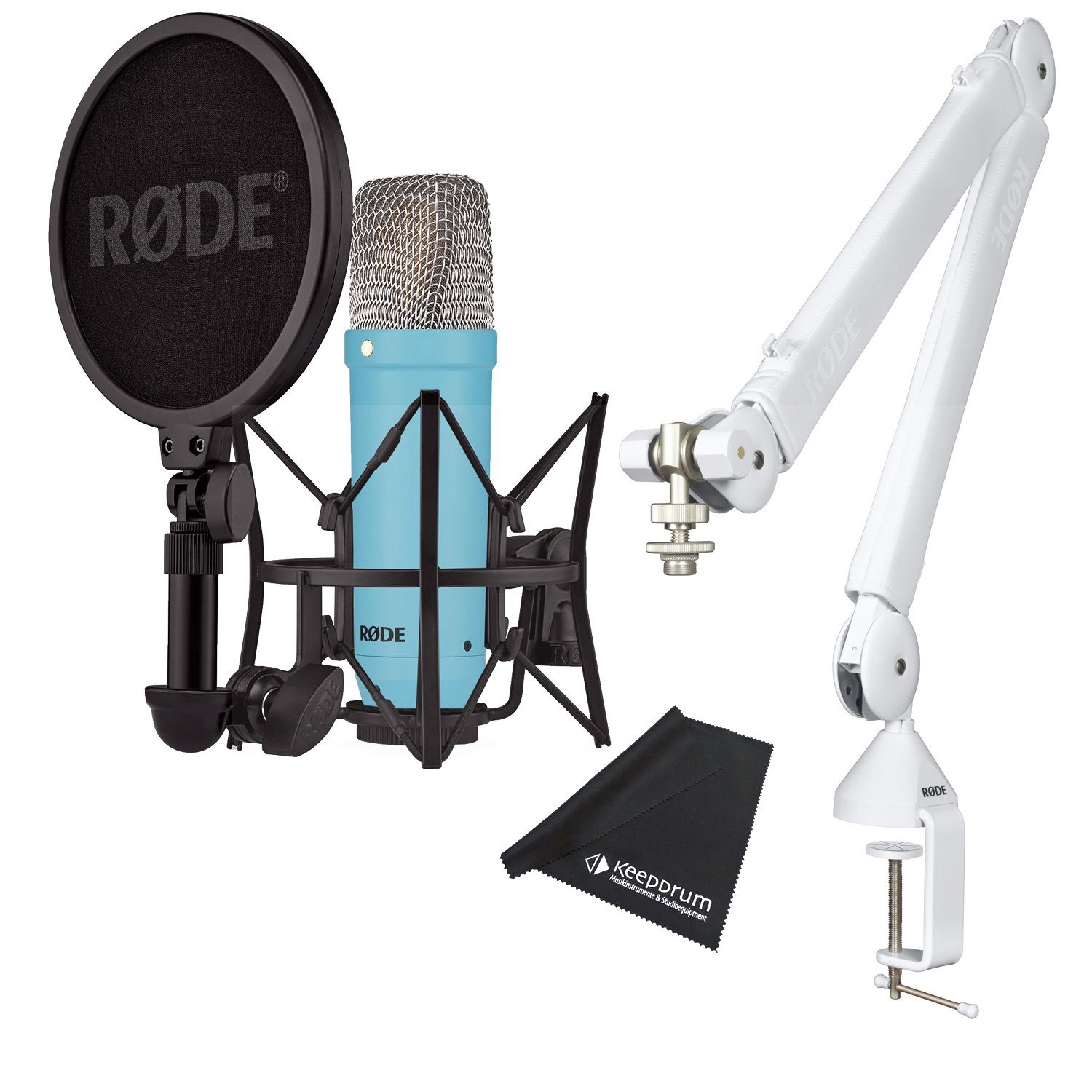 RØDE Mikrofon NT1 Signature Blue (mit PSA1+ Mikrofonarm Weiss), und Tuch